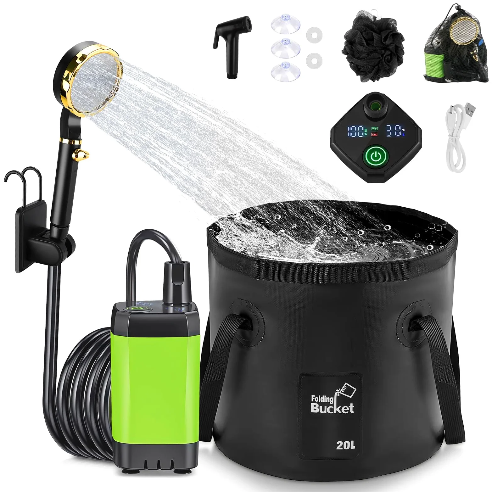 Anesty Kit de ducha portátil para camping, bomba de ducha portátil recargable de 6000 mAh con pantalla inteligente, cubo plegable de 20 L y accesorios para senderismo al aire libre, viajes, coche