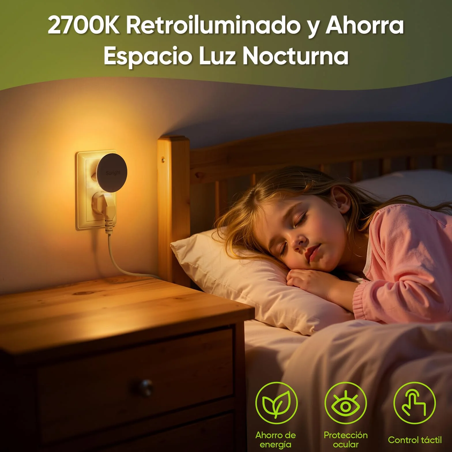 Luz Nocturna con Sensor de Movimiento, 2 Piezas, Blanco Cálido, 3 Modos, Brillo Ajustable, Control Táctil