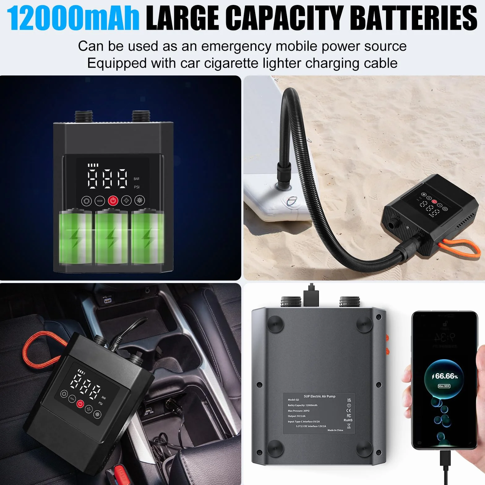 SUP Bomba eléctrica inflable, 12000 mAh, recargable, portátil, inflado/desinflado con 6 boquillas y cable de carga para encendedor de cigarrillos, kayaks, colchones
