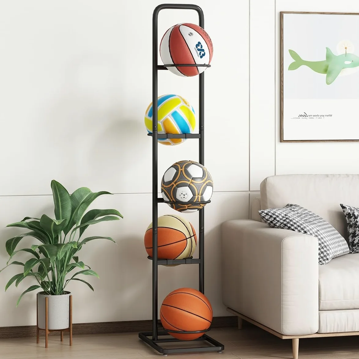 Soporte para Balones – Estante Vertical Universal de 5 Niveles en Acero al Carbono para Baloncesto, Fútbol, Rugby y Voleibol – Altura 144 cm, Negro