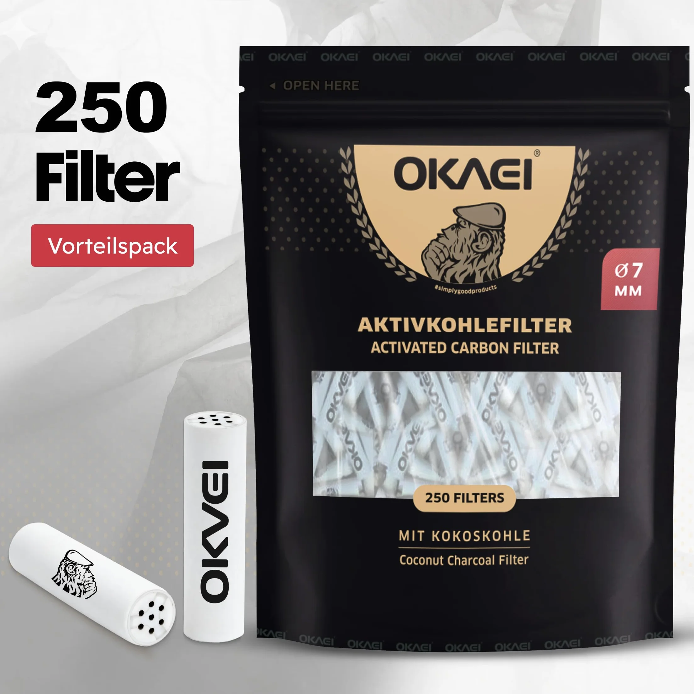 OKAEI Filtros de carbón activo de 7 mm 26 mm longitud 250 unidades