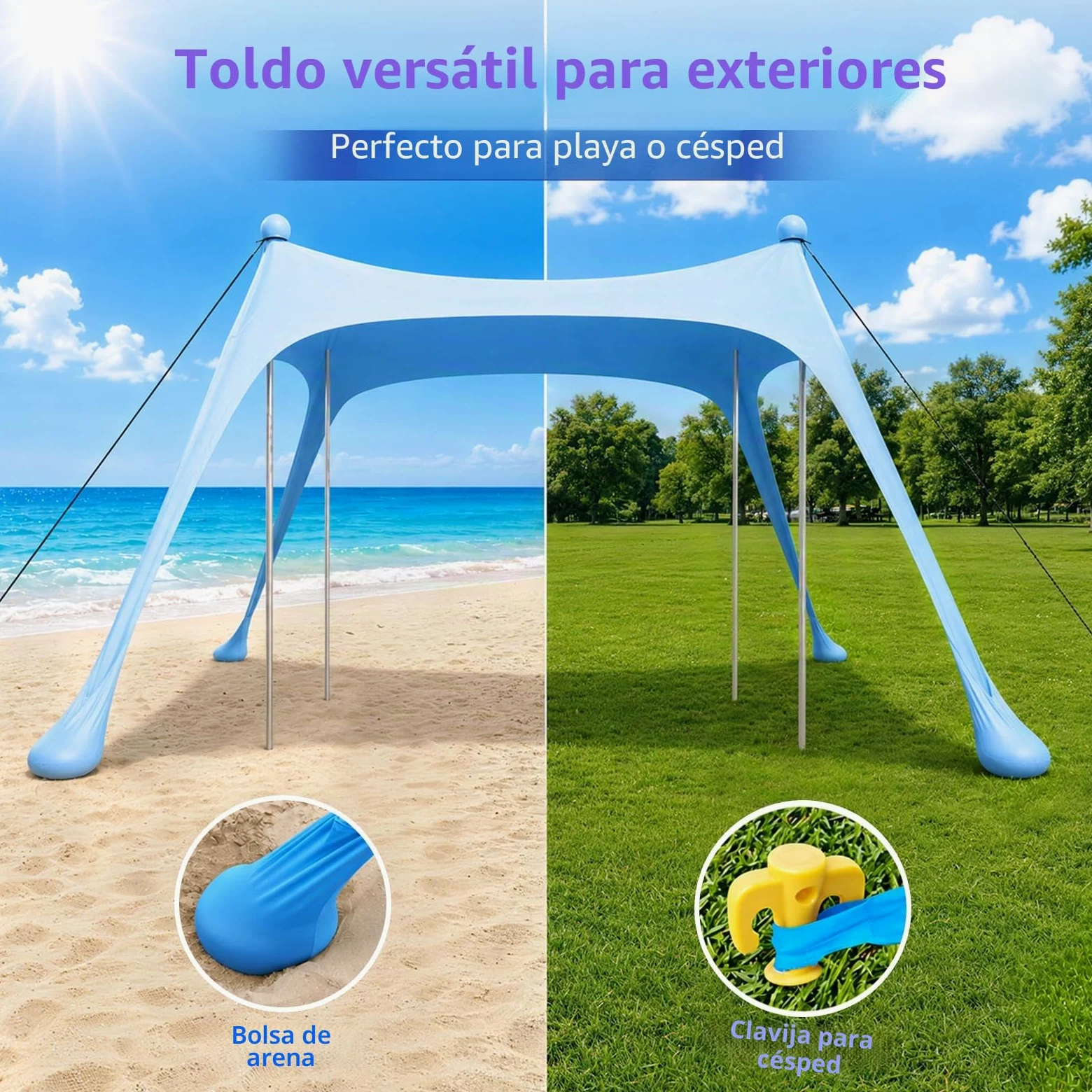 Tienda de Playa UPF50+ con Esterilla, Toldo Solar Antiviento Portátil | Refugio con Anclajes de Arena y Barras de Aluminio, Fácil Montaje para Camping, Playa y Picnic, 10x10FT Azul Cielo