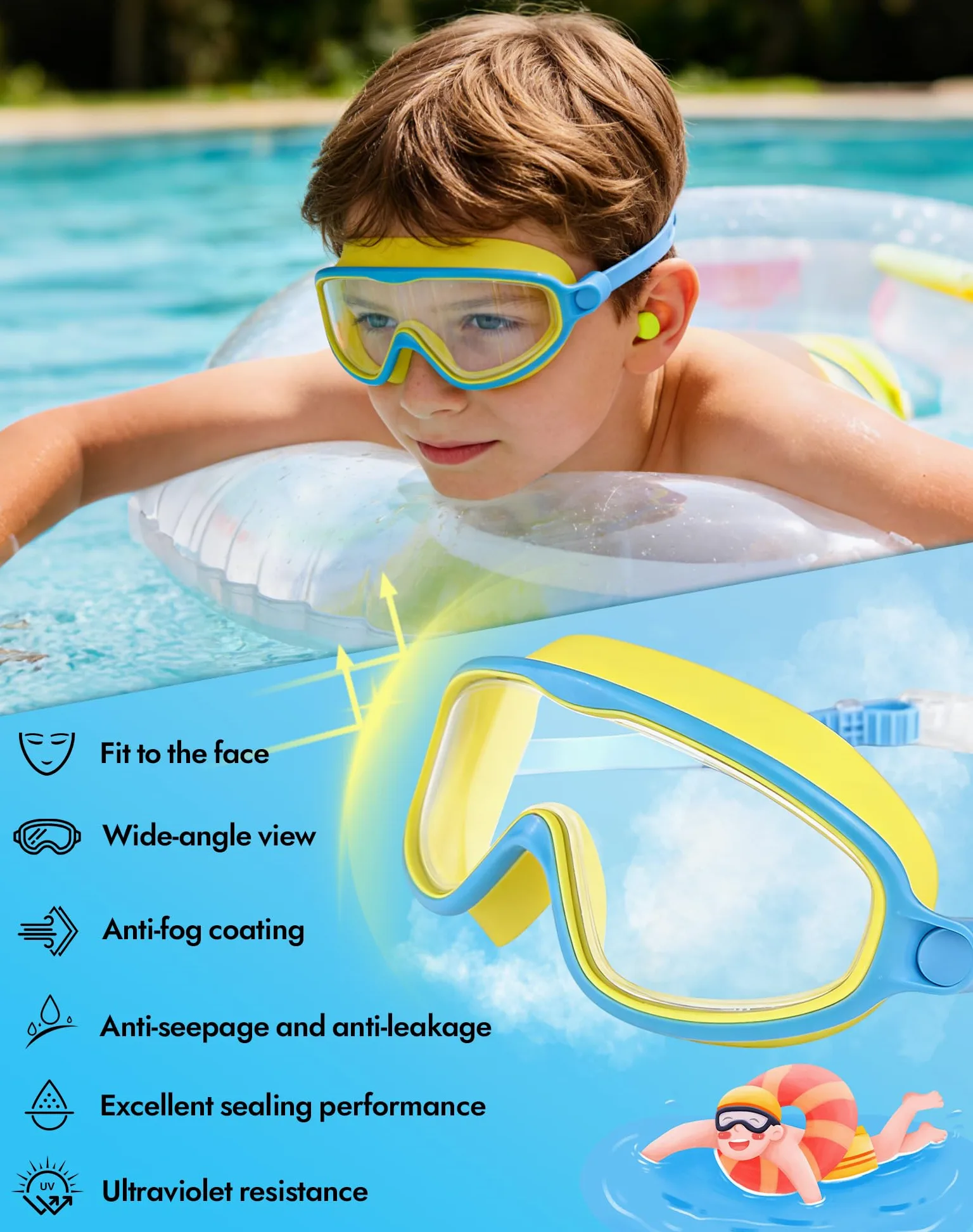 Swimbi Splsh Vision Goggles, Blumi Baby Splashyeyes, gafas de natación antivaho y UV para niños con tapones para los oídos y clip para la nariz, máscara de natación de visión amplia para niños de 3 a
