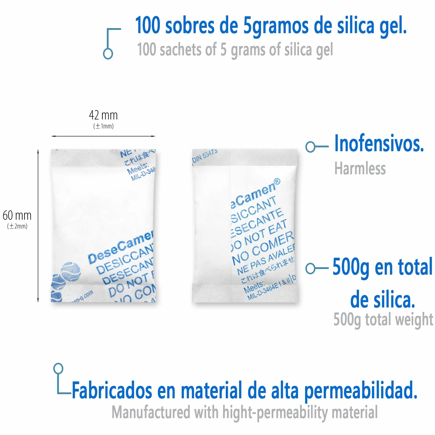 Bolsitas Antihumedad de Sílica Gel 5 Gramos | Bolsa Absorbente de Humedad y Malos Olores | Sobres Desecantes No Tóxico Grado Alimenticio