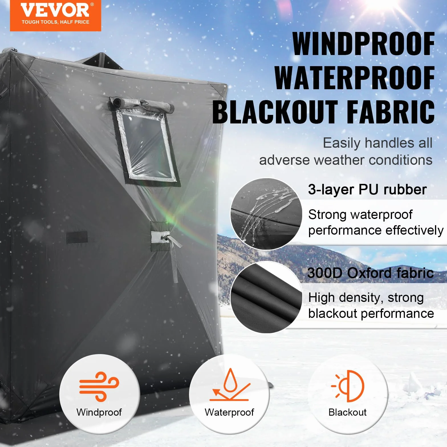VEVOR Portable Pop-Up Ice Fishing Tent, 1-8 Person Insulated Ice Shelter, Large Fishing Area, Hub-Style Ice Shanty for Winter Fishing, Waterproof Oxford Ice Cube with Anchors/Ropes/Carrying Bag