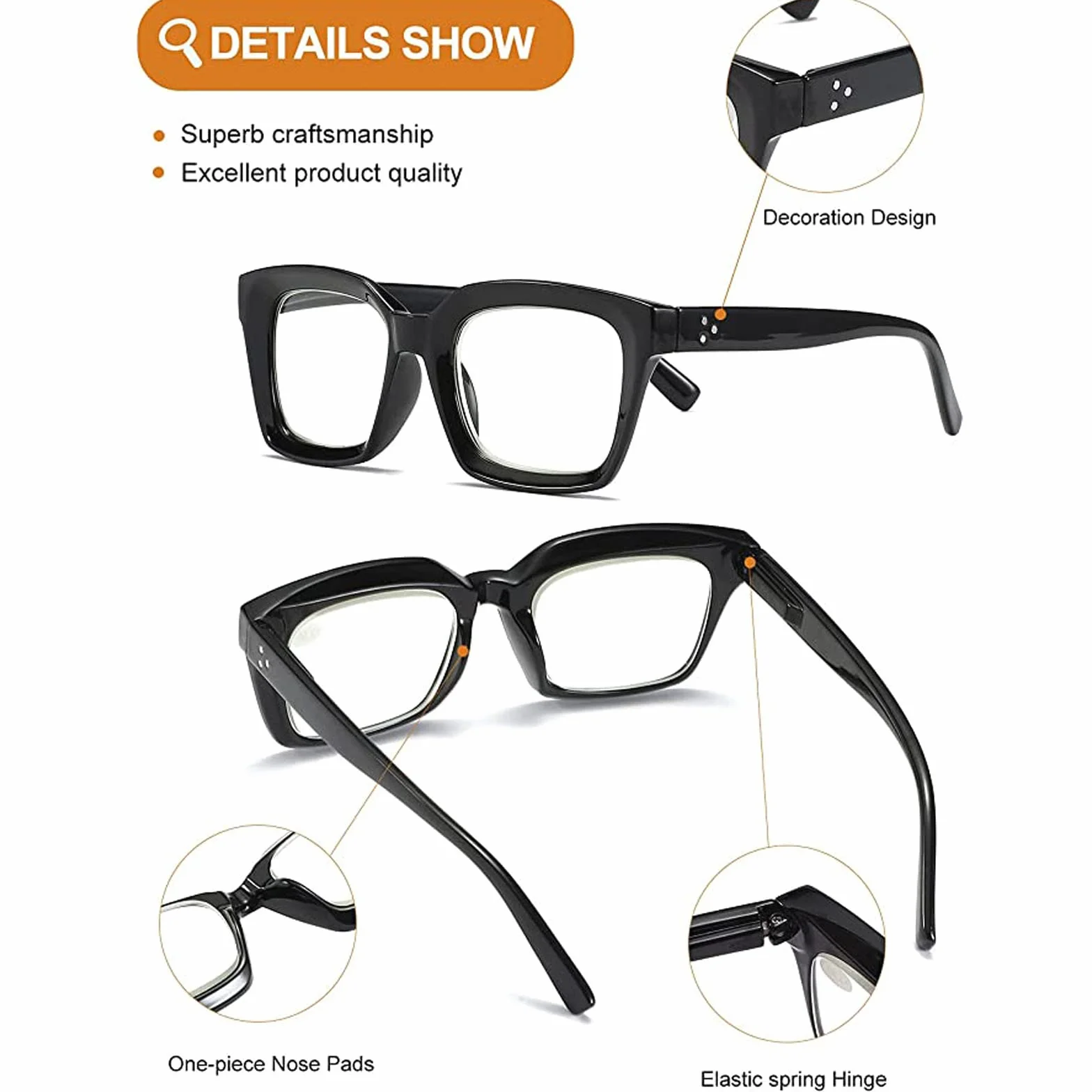 Hubeye Gafas de lectura cuadrados montura grande bisagra resorte anti luz azul Negro 2.50