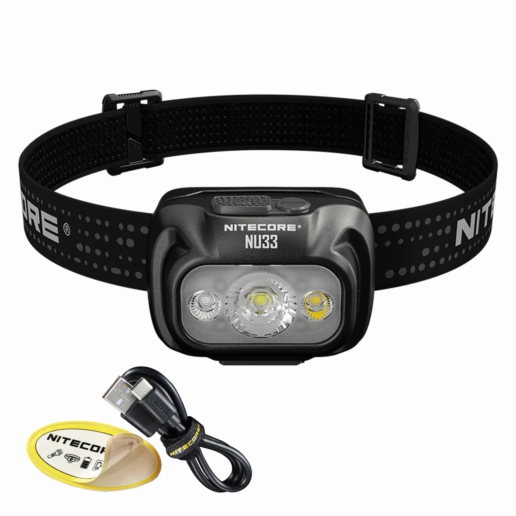 Nitecore NU33 - Linterna frontal de camping de 700 lúmenes, recargable por USB-C, ligera con adhesivo LED blanco, rojo y de lectura
