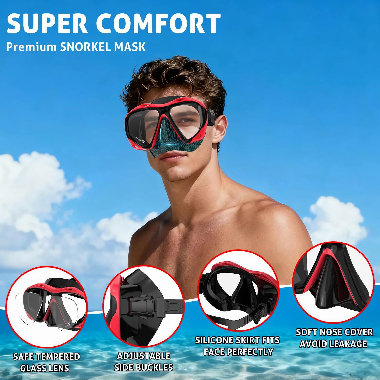 Máscara de Buceo para Adultos, antiempañamiento, Gafas de Buceo, Color Rojo