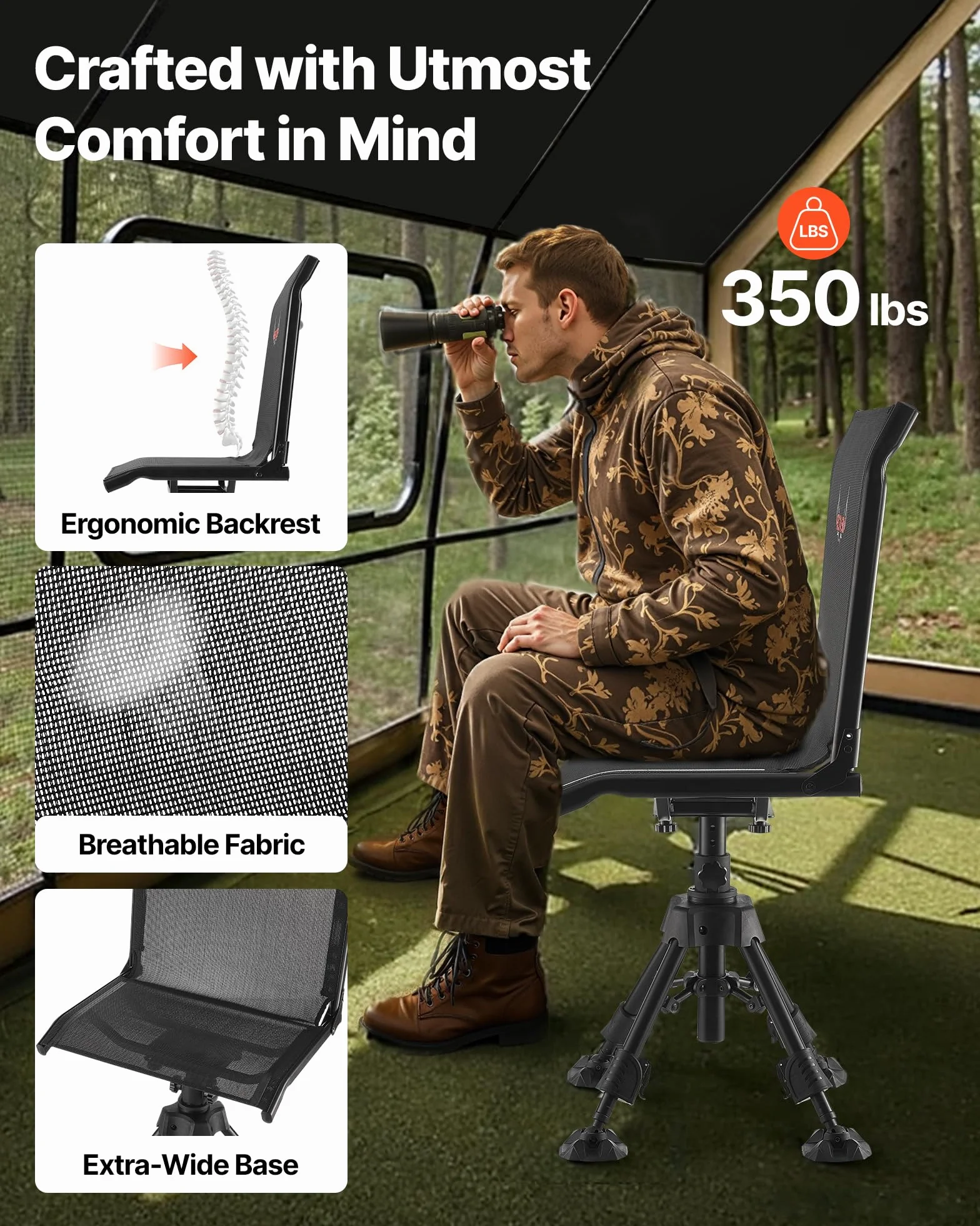VEVOR Silla de Caza Giratoria Silenciosa de 360°, Plegable, con Estructura de Acero Resistente, Asiento Tipo Taburete con Patas Giratorias Antihundimiento, Carga 158 kg, 570 x 500 x 880-1080 mm