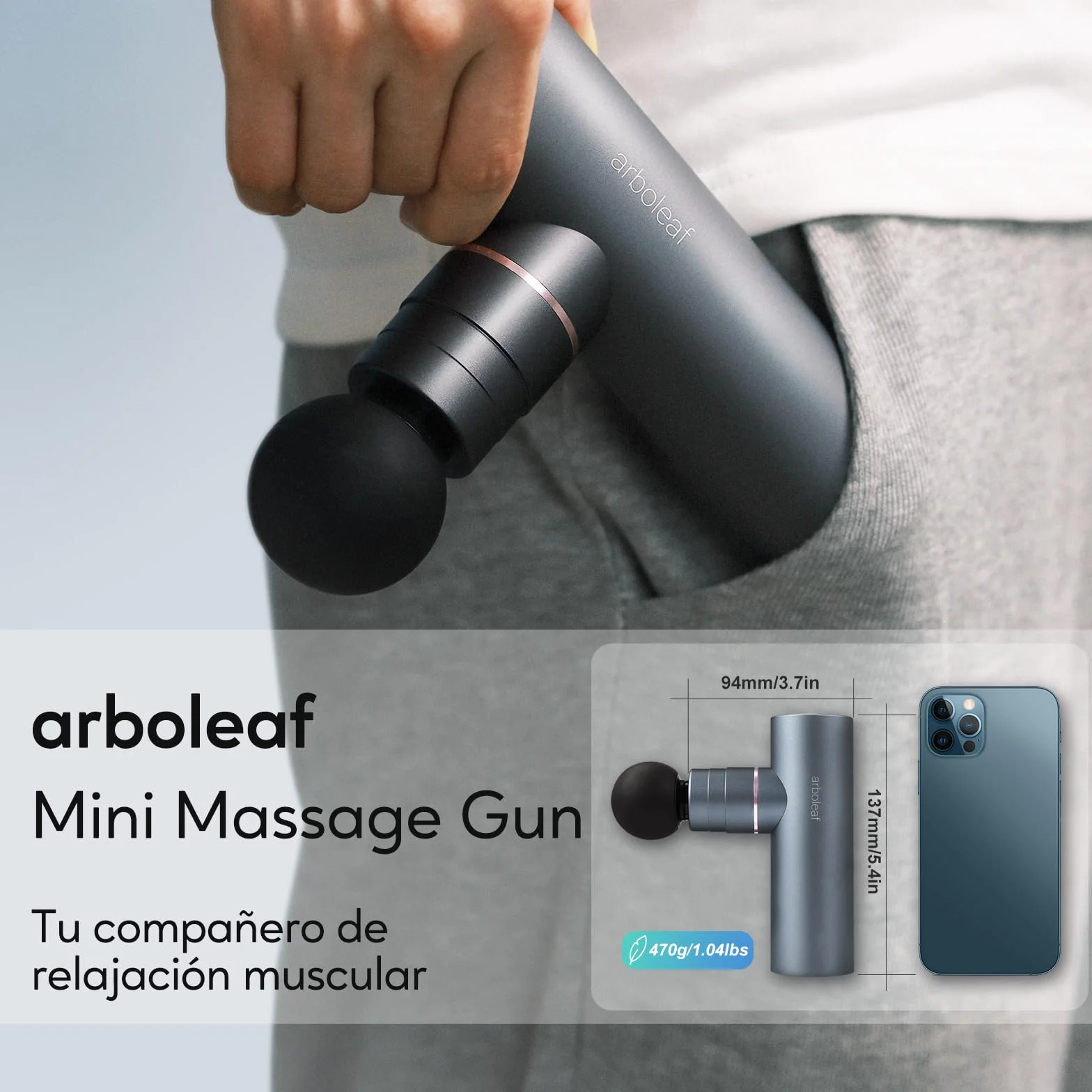 Arboleaf Pistola de Masaje Muscular Mini, Eléctrica 5 Velocidades 4 Cabezales Silicona, 0.47kg 3200rpm Bajo Ruido, 2000mAh Tipo-C Carga Gris