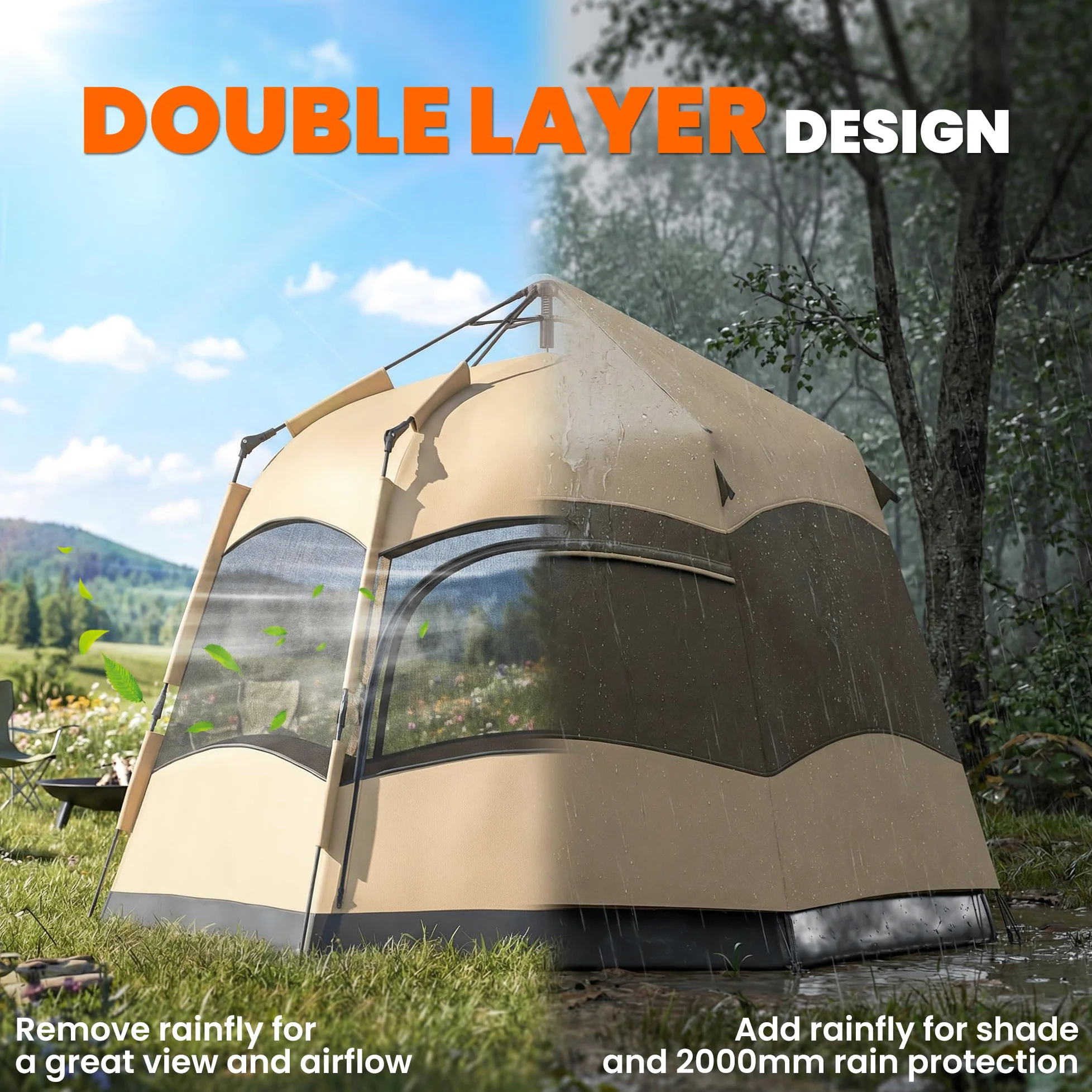 Tienda de campaña instantánea de Doble Capa Outsunny con toldo Impermeable, Tienda Domo Hexagonal para 4 Personas, Refugio de Camping portátil con Suelo Cosido y Bolsa de Transporte, Ideal para