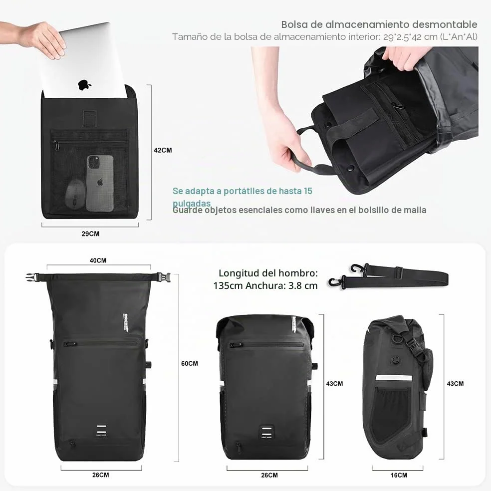 Rhinowalk Bolsa para Bicicleta Impermeable de 22 L, de Hombro y Viaje, Accesorio de Ciclismo Profesional, Negro