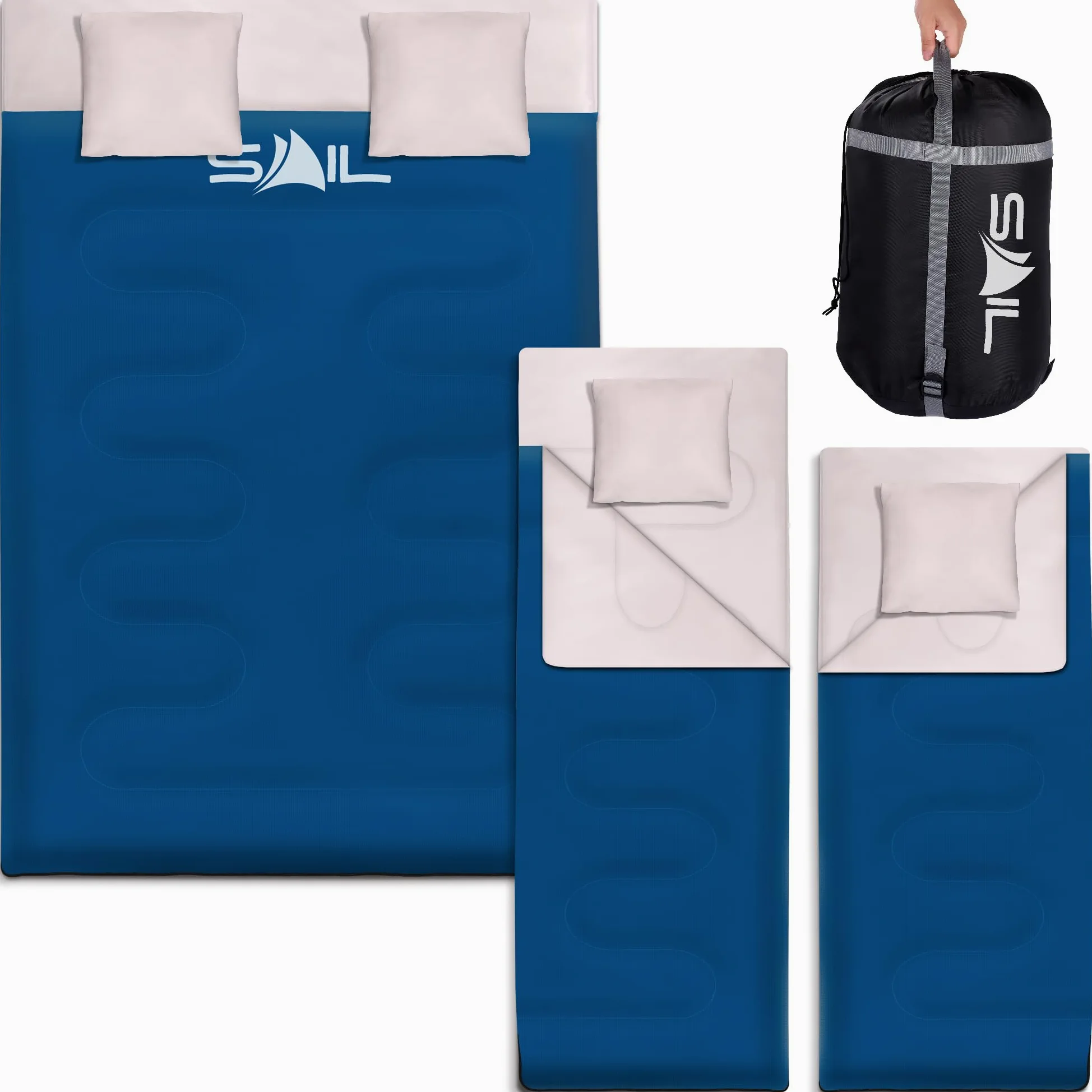 SAIL Saco de Dormir Doble con 2 Almohadas, Extra Grande para 3-4 Estaciones, Ligero, Impermeable, Uso en Interiores y Exteriores, para Adultos, para Senderismo, mochileros y Camping