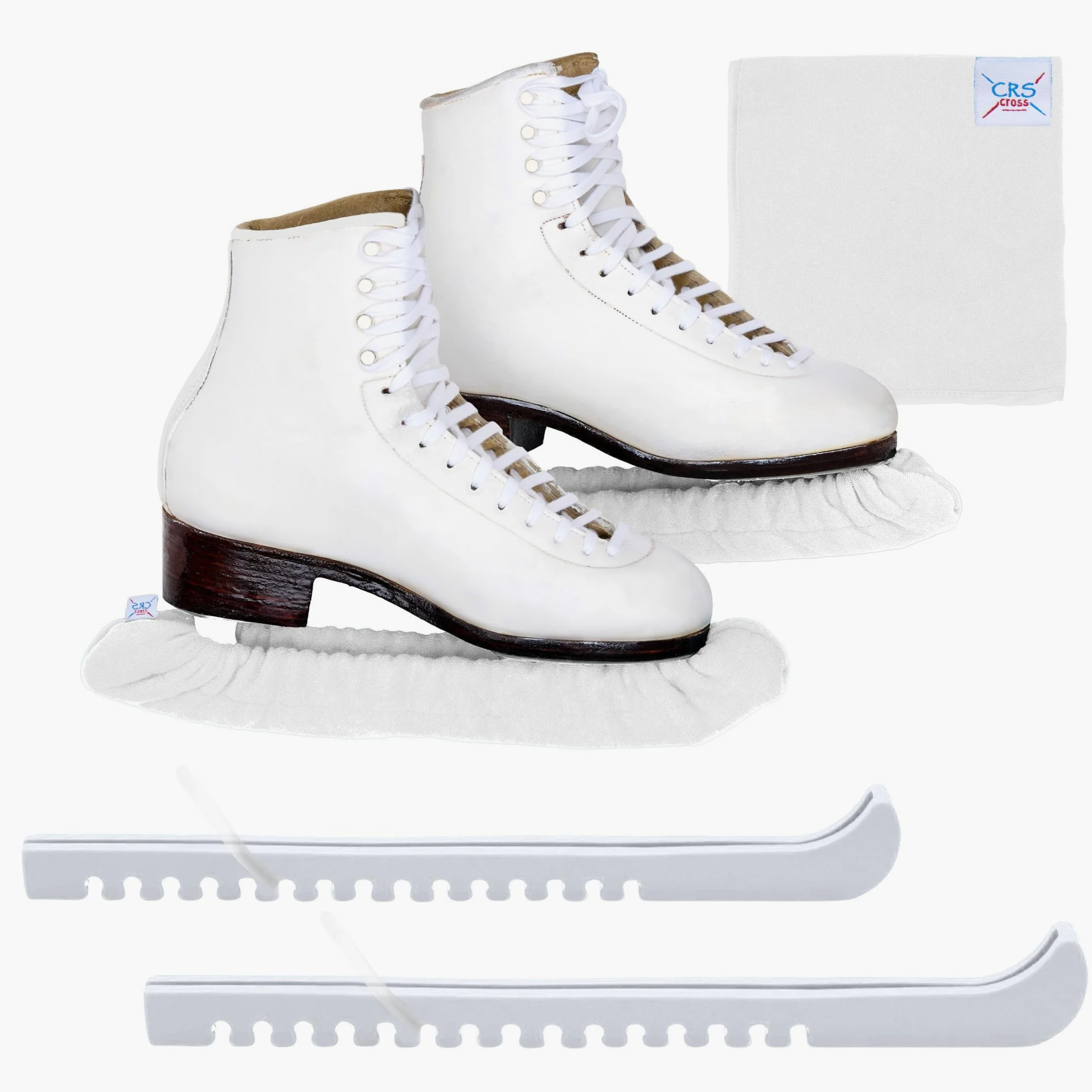 CRS Cross Juego de protectores de patinaje sobre hielo, remojo y toalla, diseño de una pieza con cubiertas suaves de hoja de patinaje y toalla (par de protectores ajustables, no requiere montaje)