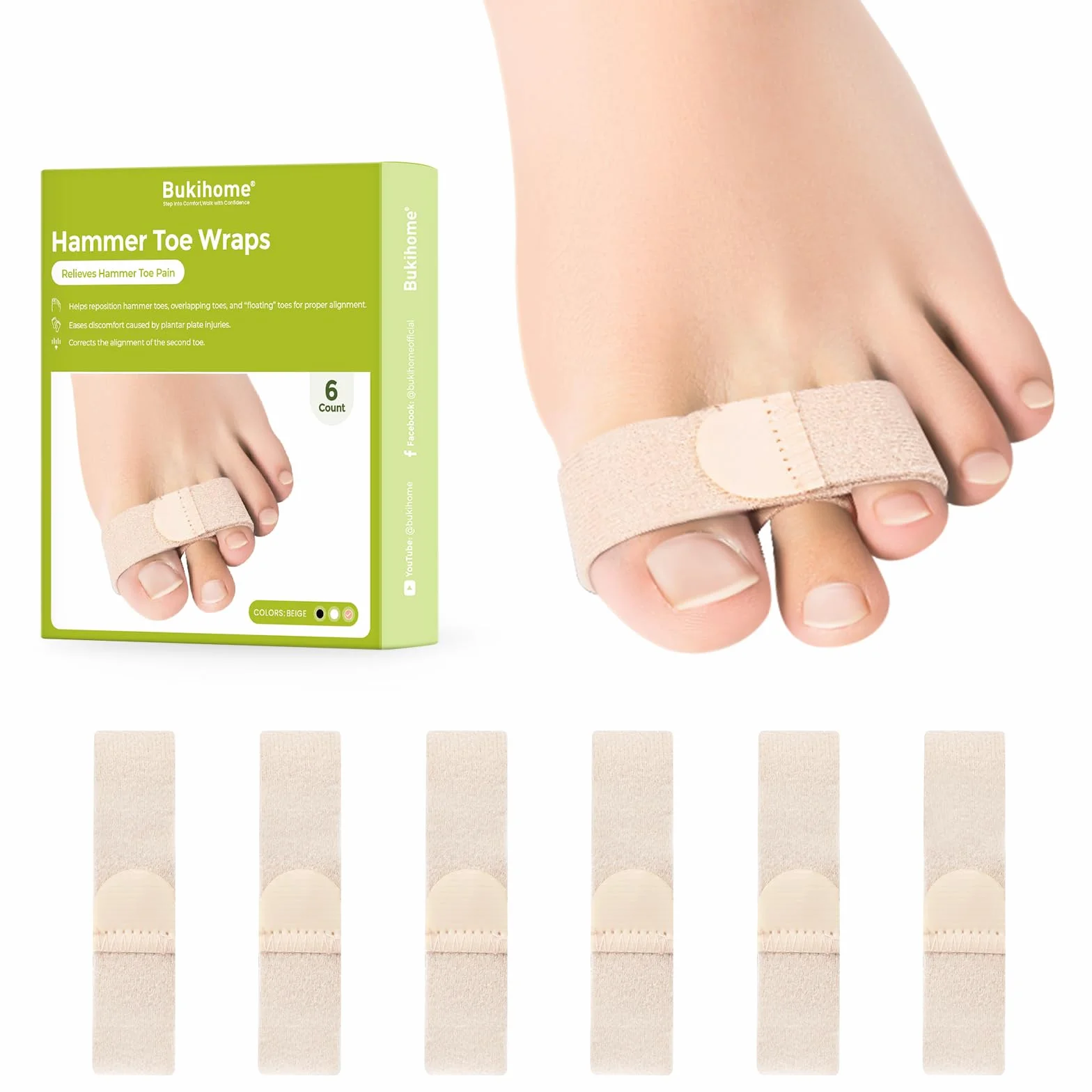 Bukihome 6 Piezas Enderezador de dedos en martillo, vendas de tela reutilizable, Beige