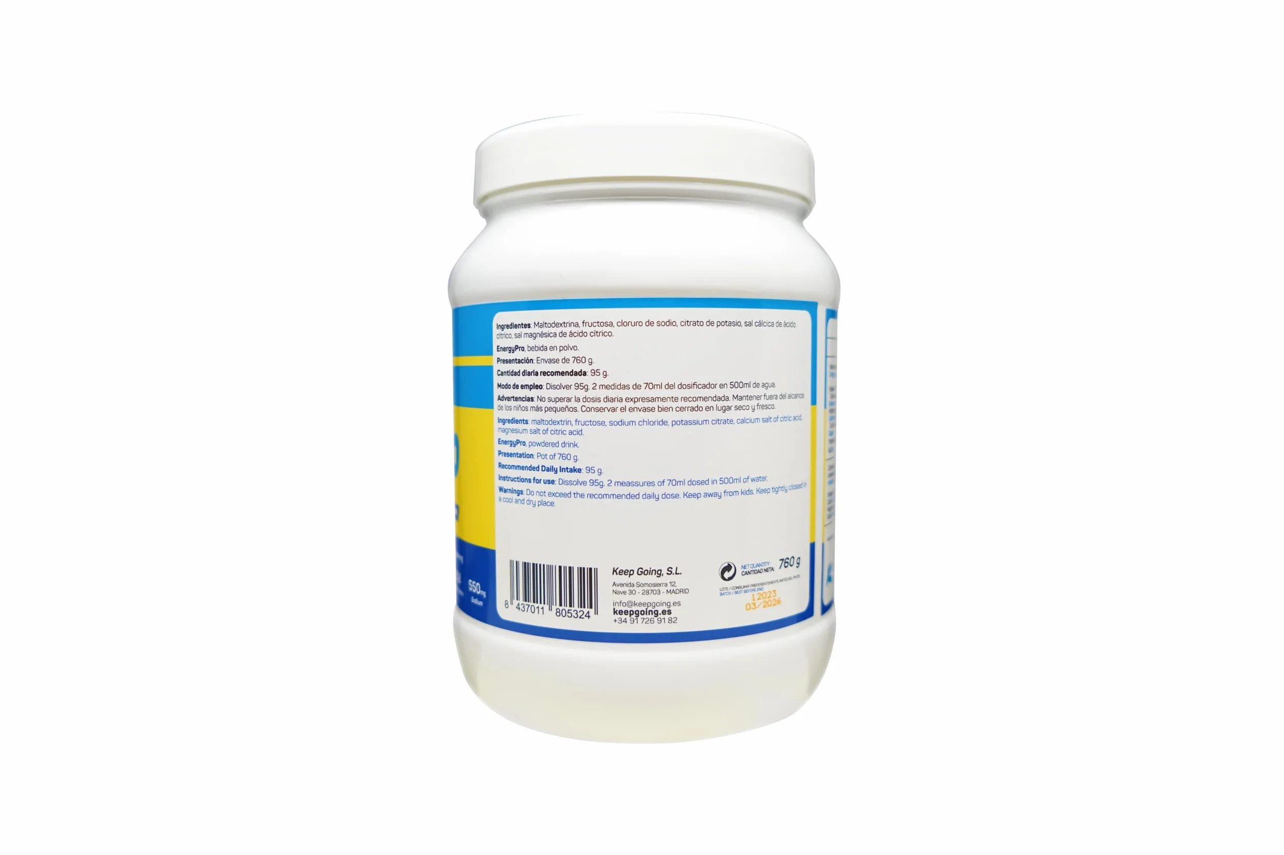 Keepgoing EnergyPro Drink Bebida Energética Premium en Polvo Sabor Neutro 760g Maltodextrina Fructosa