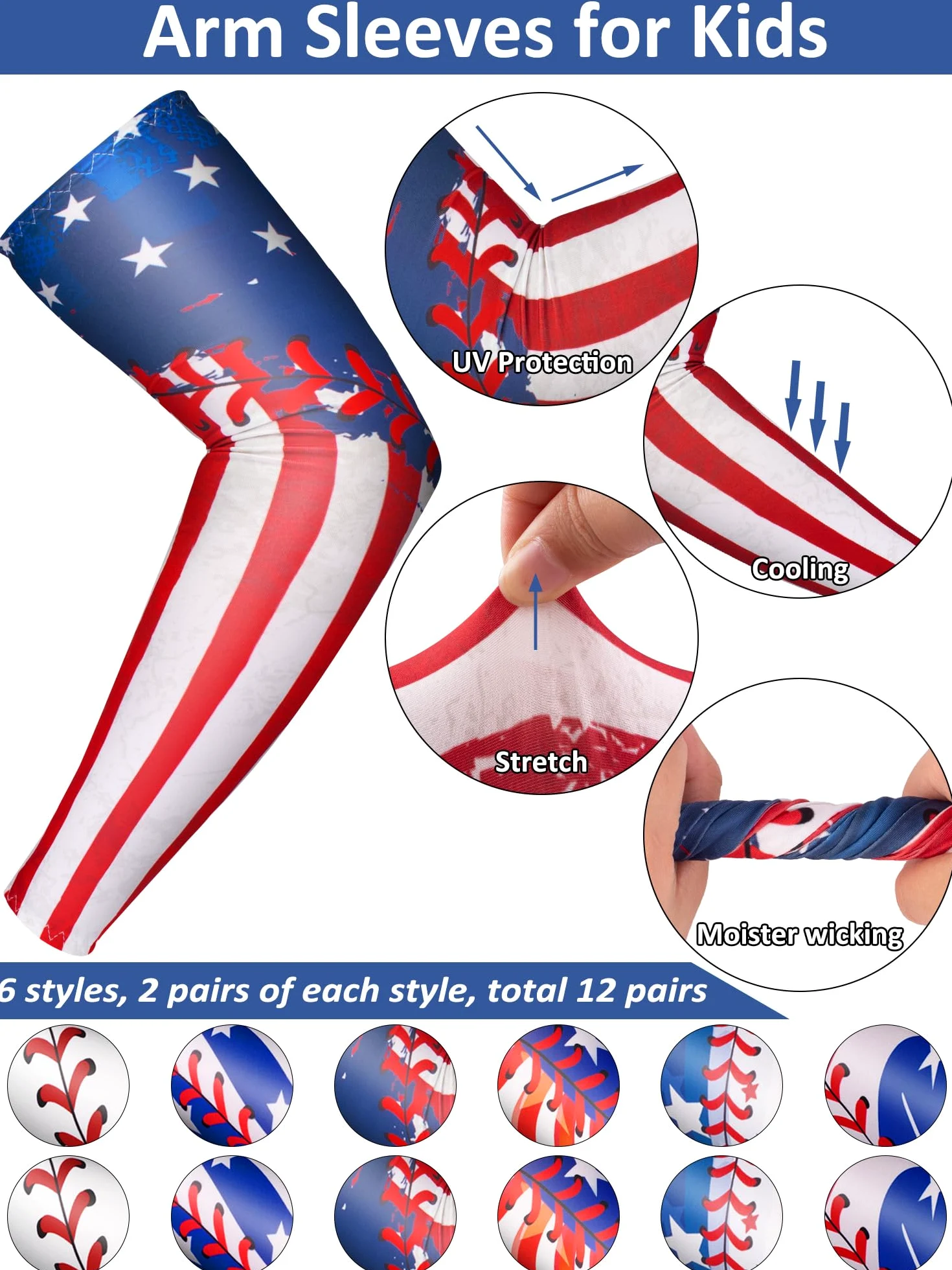 12 pares de mangas deportivas para niños, básquetbol, béisbol, protección UV, protección solar