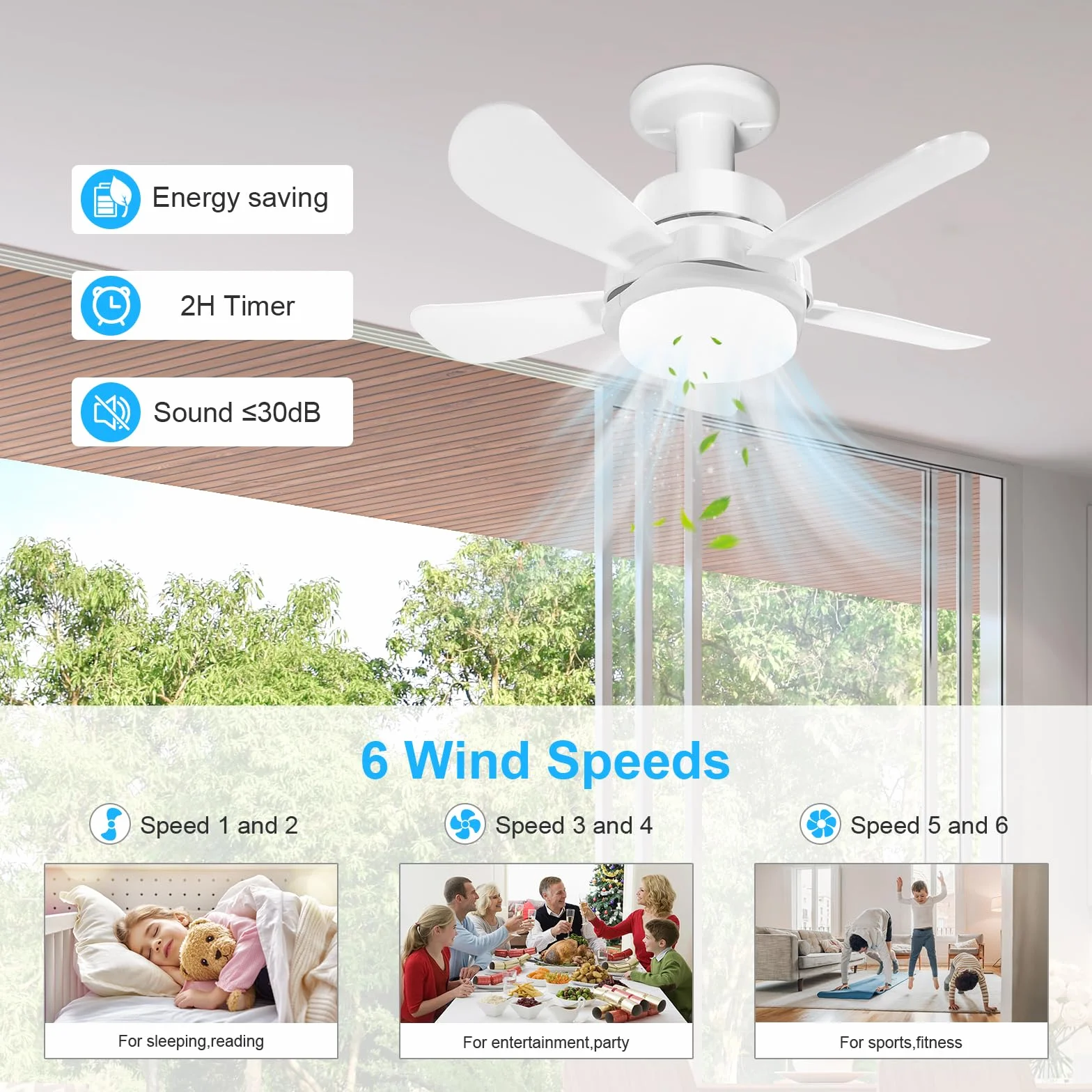 Ventilador de Techo con Luz LED 40 cm, E27, 6 Palas, Motor DC 6 Velocidades, 6000K Blanco