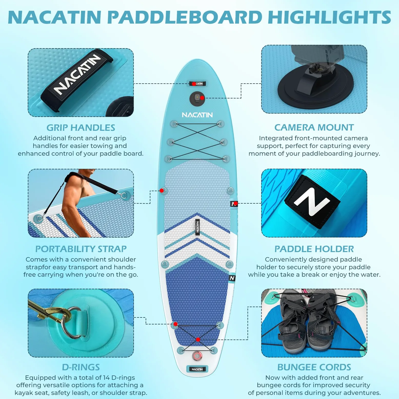 NACATIN - Tableros hinchables de 10'6" con Remo Ajustable Mochila de Viaje, Bomba, Bolsa Impermeable de 10L, Correa, Accesorios incluidos