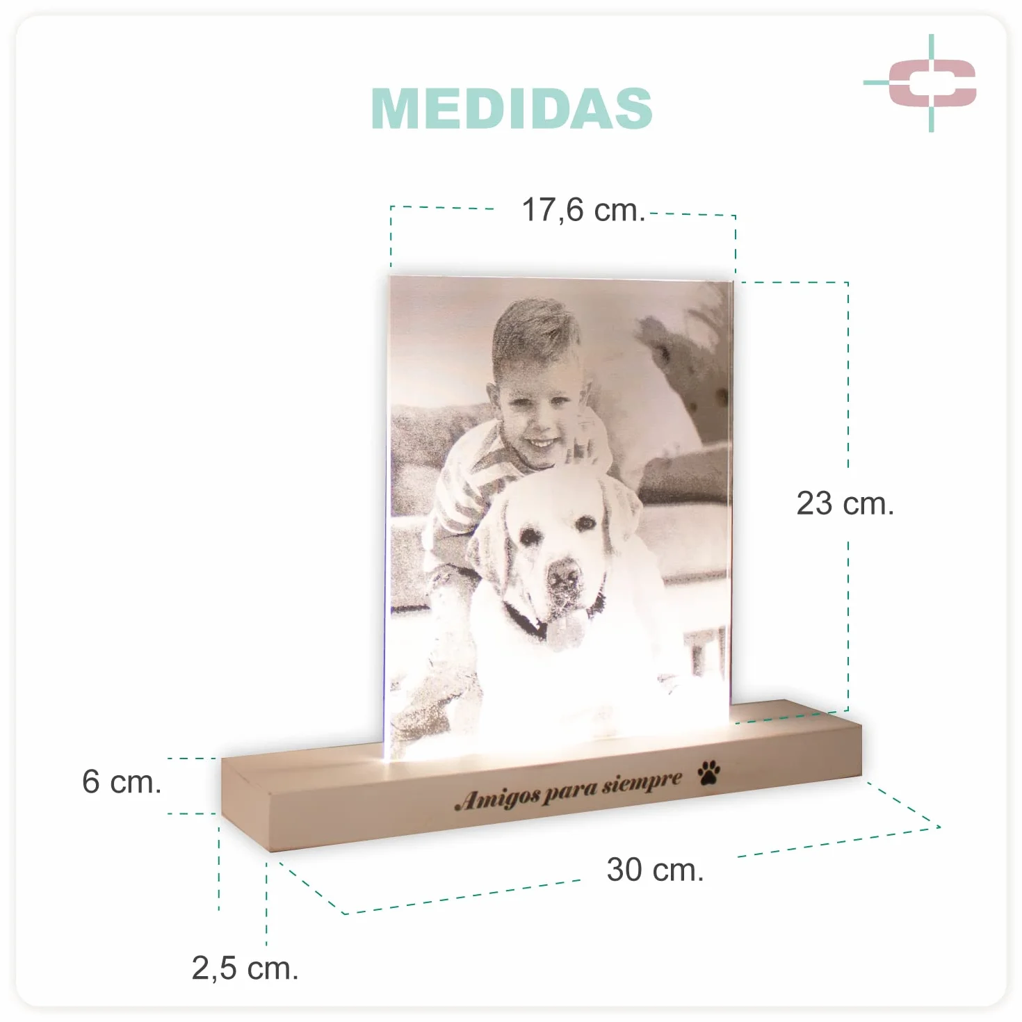 Lámpara Personalizada con Foto Central, Luz LED, Interruptor Táctil, Soporte de Madera Grabado
