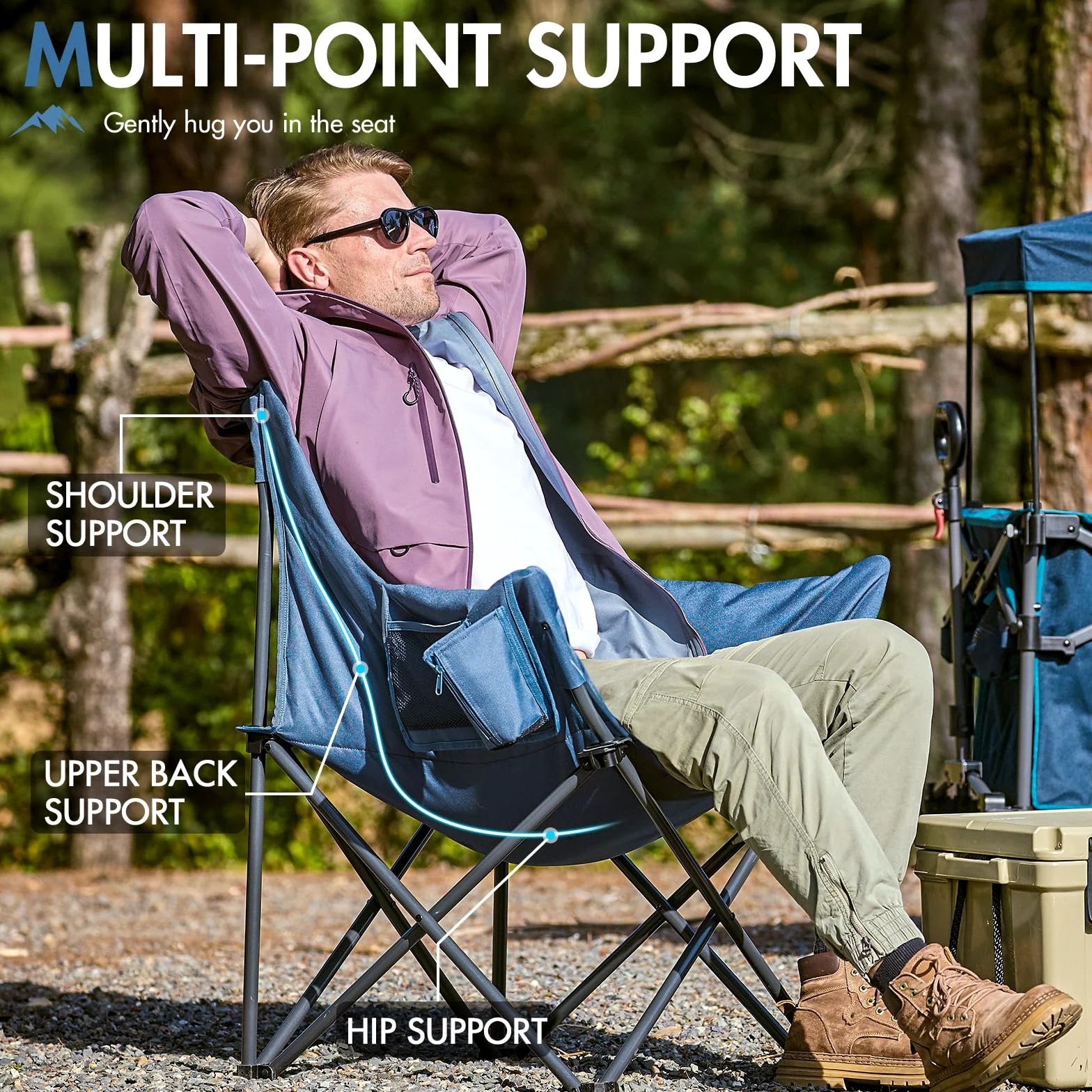 Portal Silla de camping plegable plegable para camping, muy suave, 150 kg, plegable, XXL, gruesa, acolchada, con reposabrazos, color azul