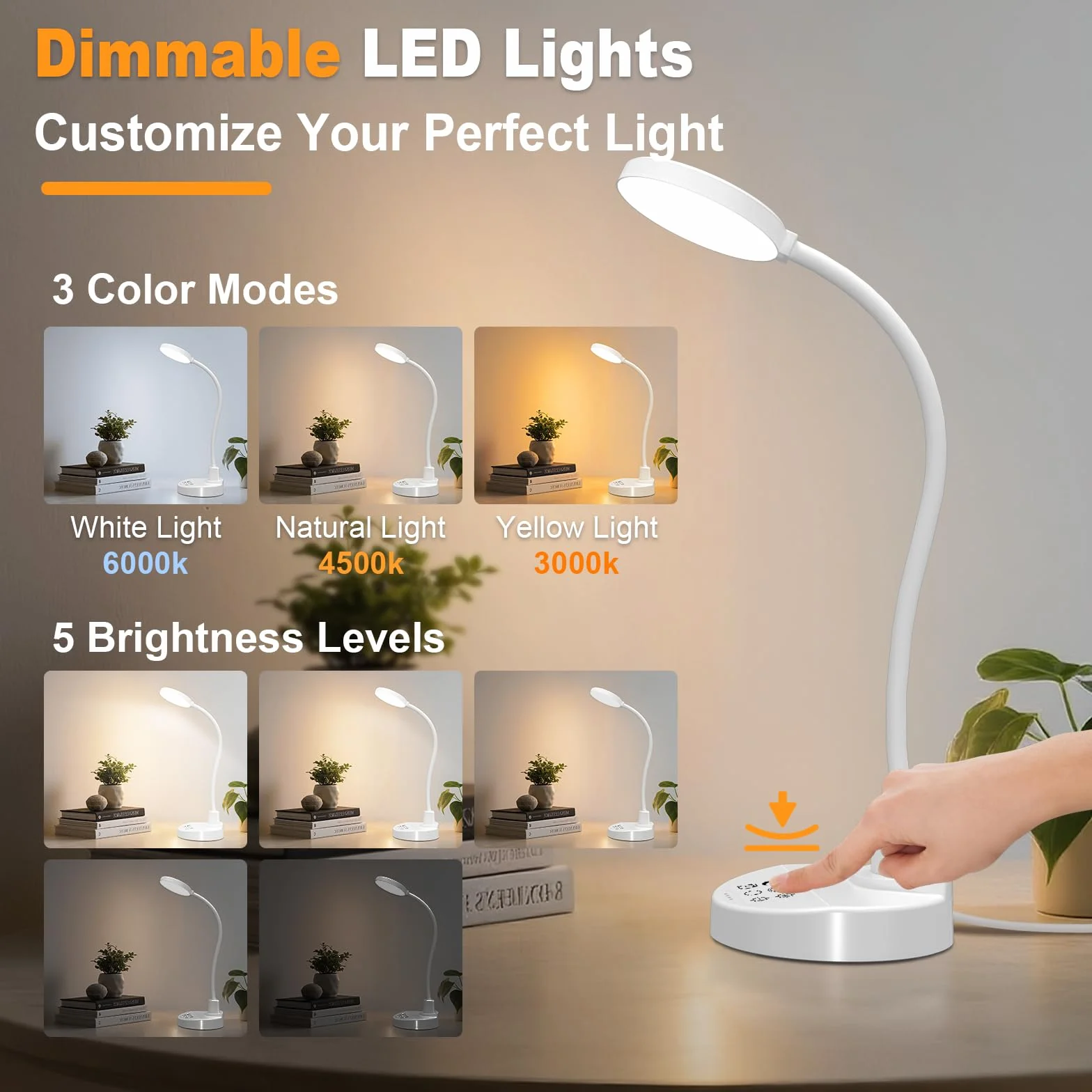 Lámpara de escritorio LED 15W regulable USB-A USB-C 3 temperaturas de color 5 niveles de brillo cuello cisne flexible 360° protección ojos