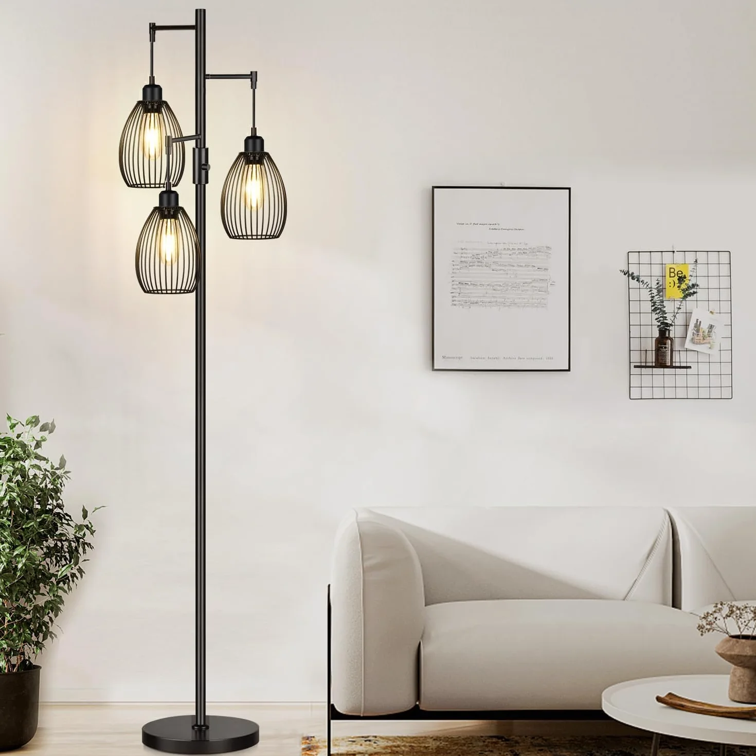 Lámpara de pie regulable Nintiue, 3 bombillas LED 800 lm, jaula lágrima, industrial granja, salón dormitorio oficina