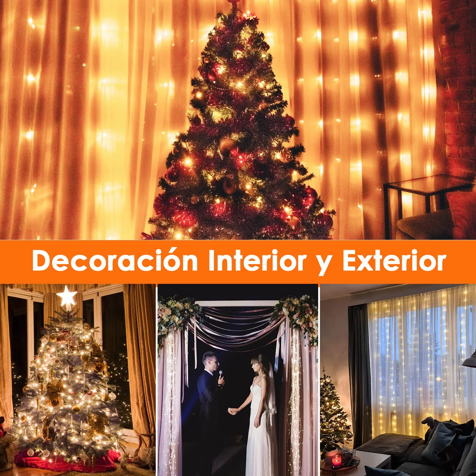 Cortina de Luces 3x3M 300 LED Navidad Blanca Cálida 8 Modos Anpro