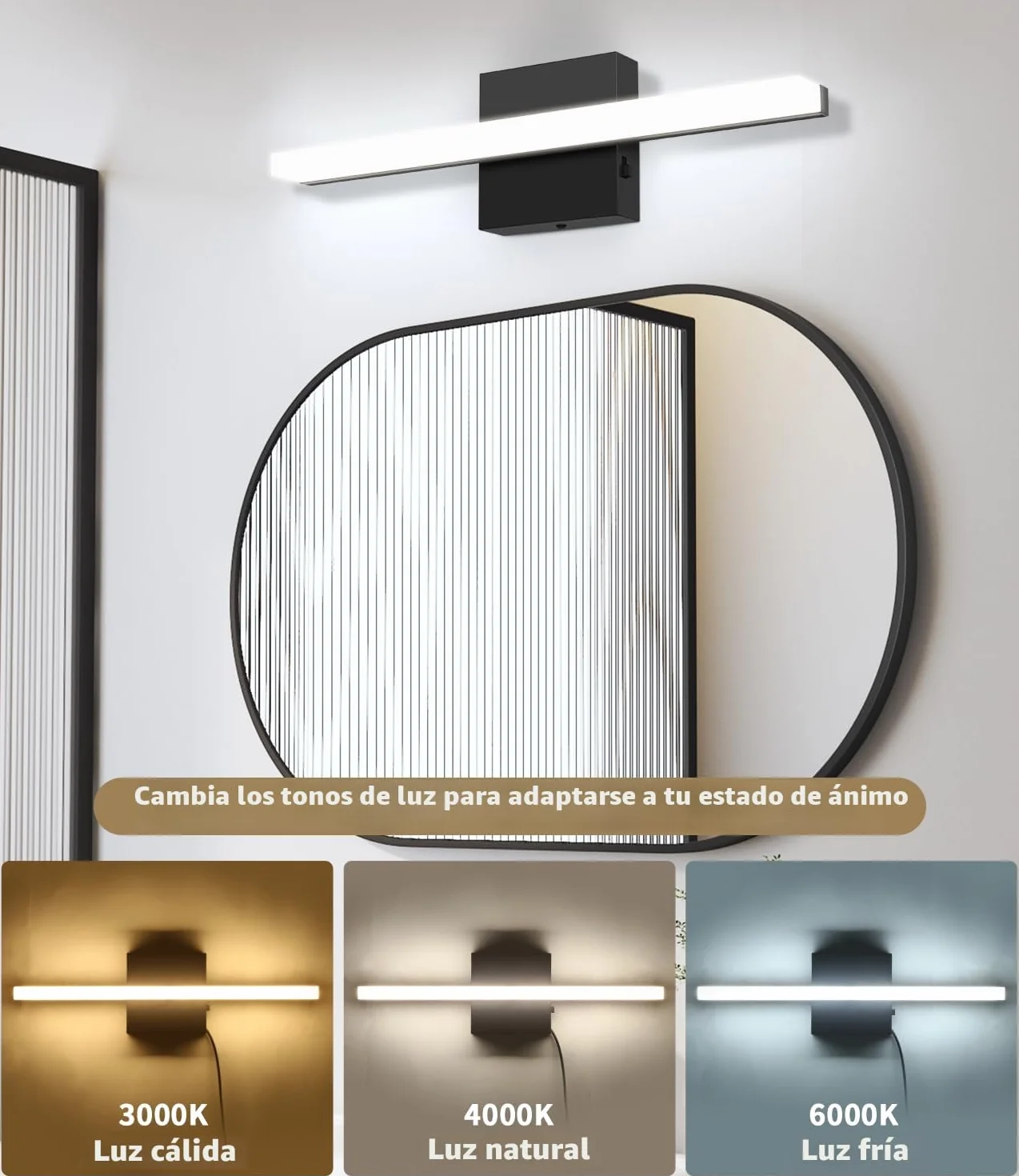 Lámpara de Espejo para Baño 40CM LED 3000-6000K Control de Color Aplique Acrílica Pared Moderna