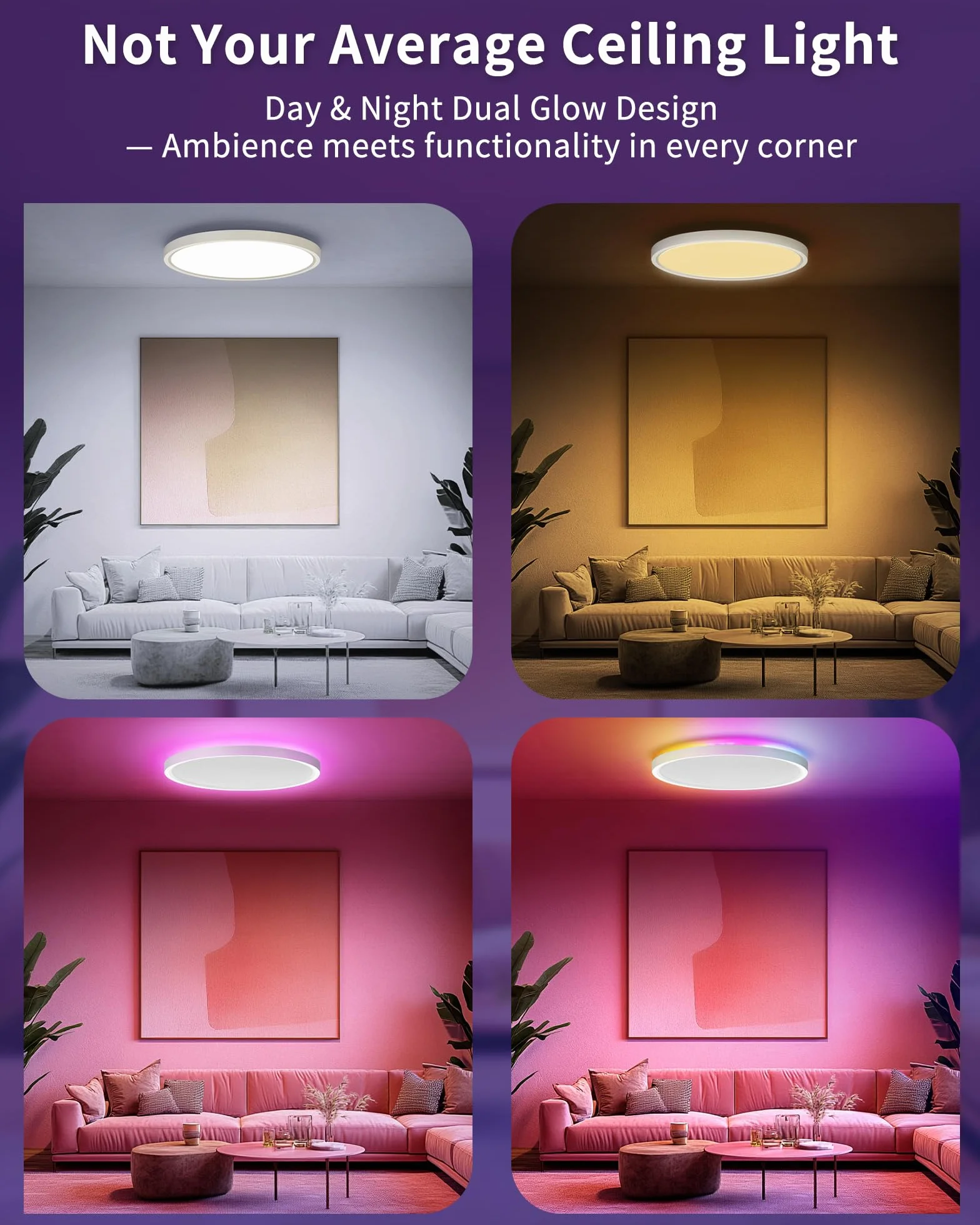 Plafón LED Inteligente 24W Regulable con Mando WiFi RGB, Compatible con Alexa y Google Home, Lámpara de Techo Ultrafina
