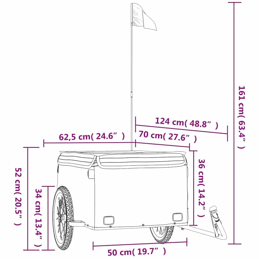 Remolque de bicicleta negro y rojo de hierro con capacidad de carga, 134 x 69 x, con barra de tracción y bandera de seguridad para cargas, transporte, compras y uso al aire libre