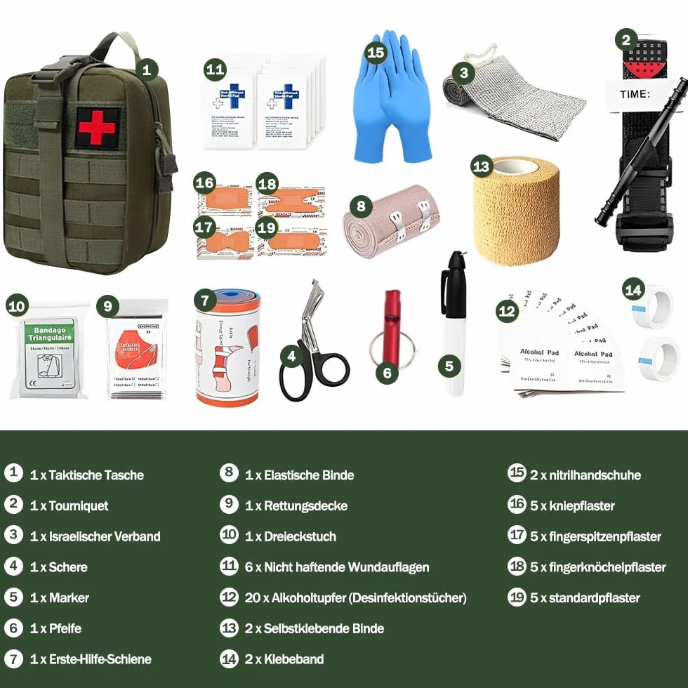 Botiquin de Primeros Auxilios Militar, 19 Variedades, 61 Piezas Kit Primeros Auxilios Militar, First Aid Kit para El Hogar, El Automóvil, La Escuela, Acampar Al Aire Libre