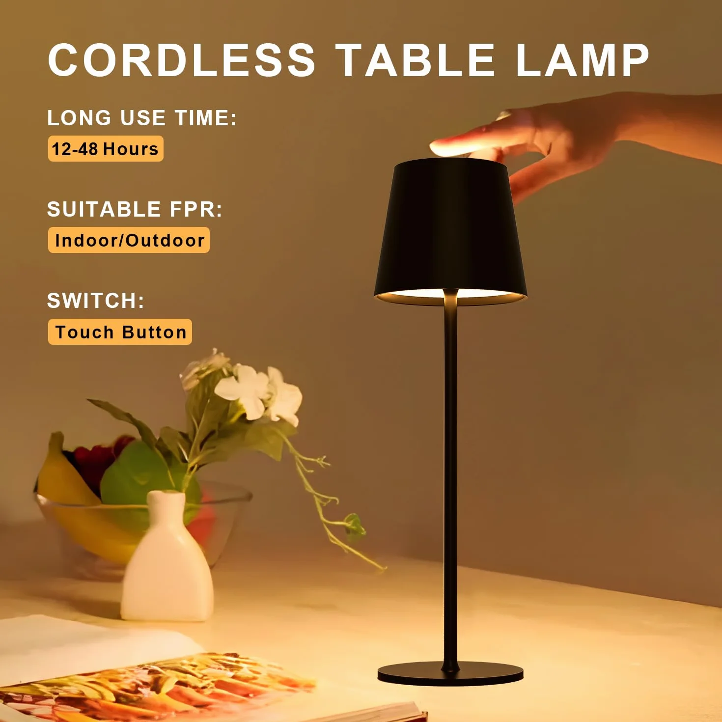 Lámpara de Mesa LED Recargable Inalámbrica con USB-C, IP44, 5600mAh, 5W, Negro