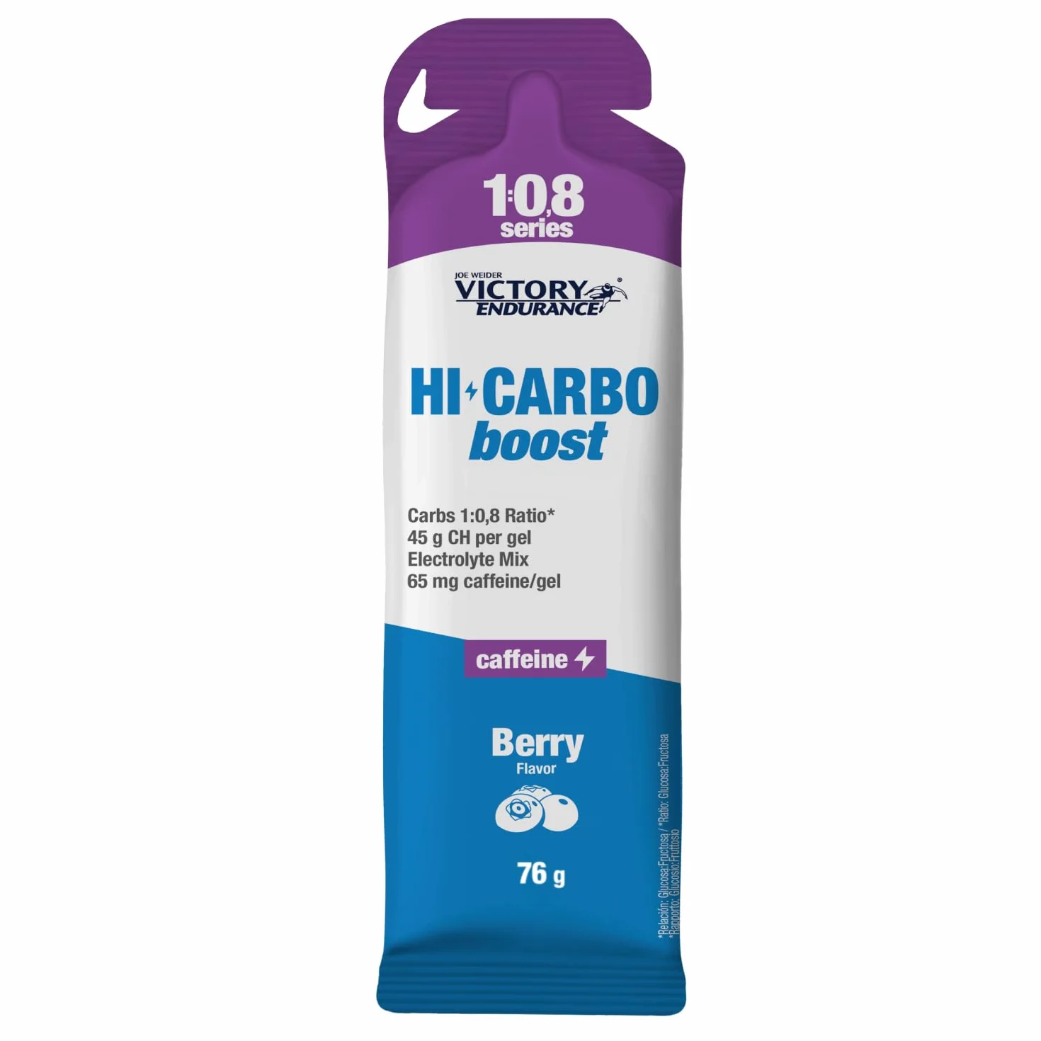 Victory Endurance HI Carbo Boost Gel 1:0,8 Series (12x76g) Sabor Frutos Rojos Con Cafeína, Alto en Carbohidratos 45g/gel, 200mg sodio/gel