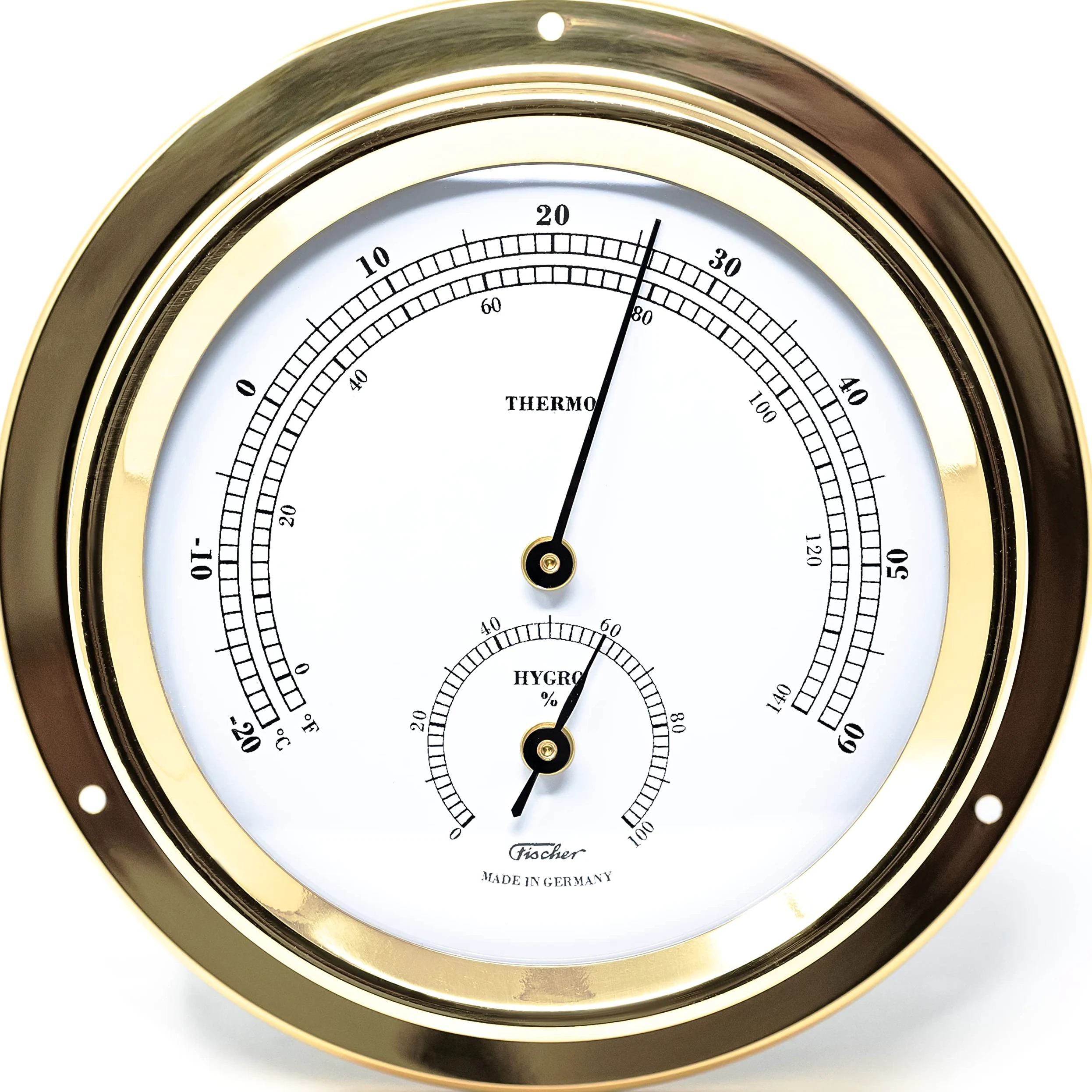 Fischer Thermo-Hygrometer, latón, 125 x 100 mm | Higrómetro y termómetro con carcasa de latón, 125 mm de diámetro, fabricado en Alemania