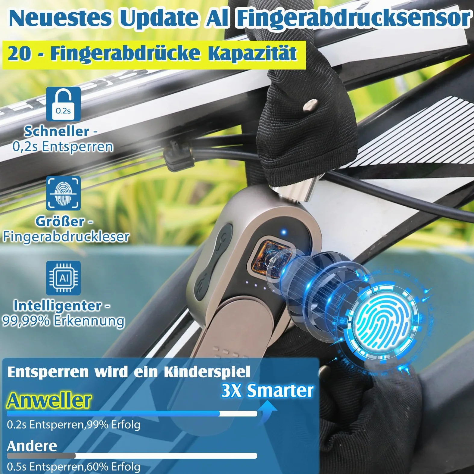 Anweller Candado para bicicleta con huella dactilar con llave, 100 cm, 8 mm de grosor, alta seguridad, resistente al agua para bicicleta/e-scooter/bicicleta eléctrica/MTB/motocicleta/bicicleta de