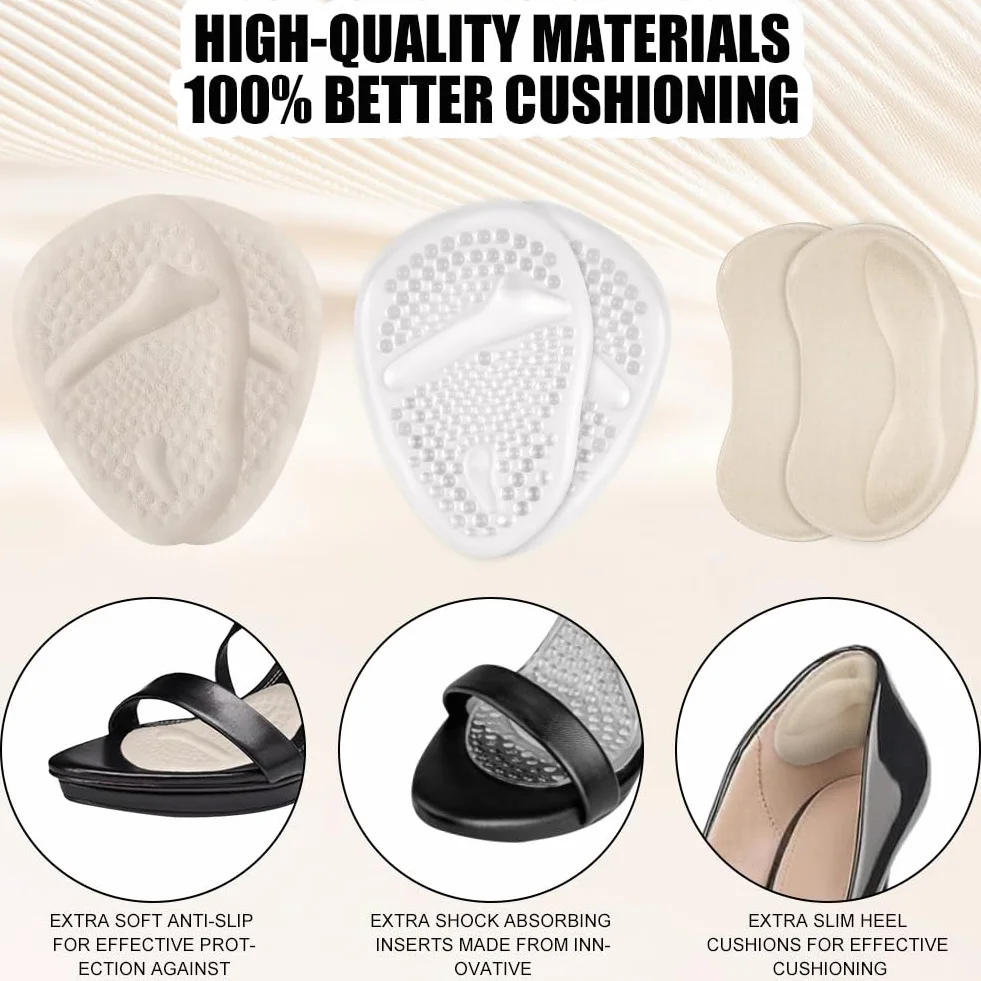 Vicloon Inserciones de Talón y Almohadillas Metatarsianas, 6 Pares Cojín de Gel Reutilizable Antirozaduras para Zapatos