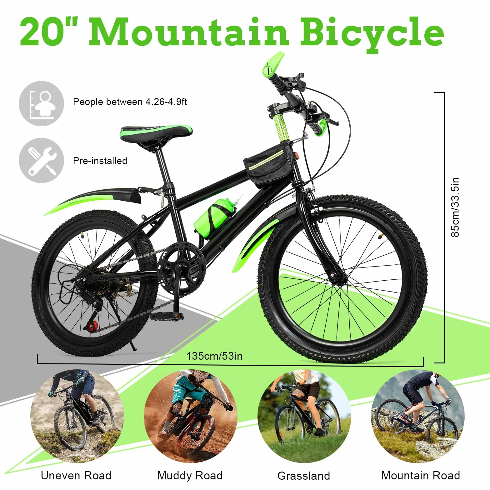 Bicicleta de montaña de 20 pulgadas, 6 velocidades, bicicleta de montaña para niños y niñas, bicicleta de montaña con campana de brújula y soporte para vaso de agua, bicicleta juvenil con