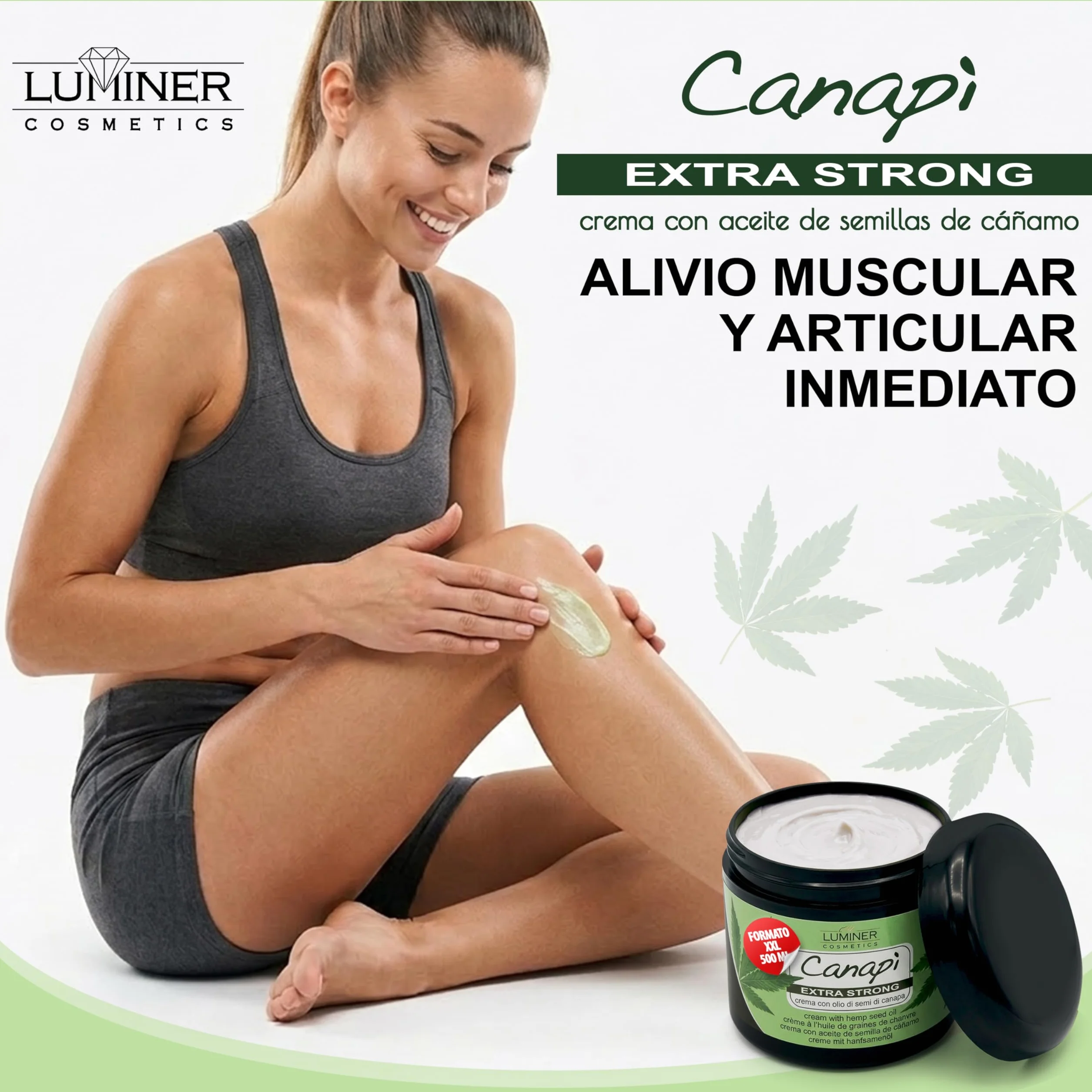 Luminer Crema de aceite de semillas de Cáñamo 500 ml Gel de masaje con árnica y harpagofito