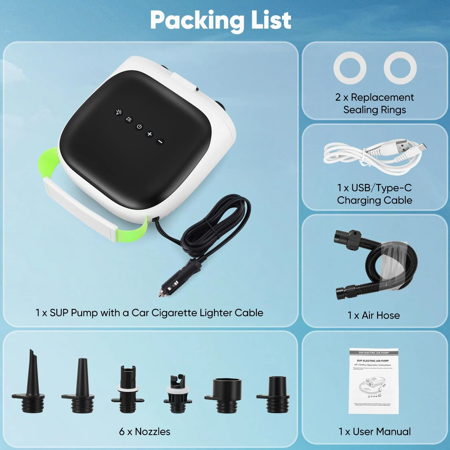 Bomba Eléctrica para Sup,Bomba de 12V con Apagado Automático,20 PSBomba Eléctrica para Paddle Board Inteligente a Doble Etapa,Bomba de Aire Eléctrica con 6 Boquillas para Botes, Colchones