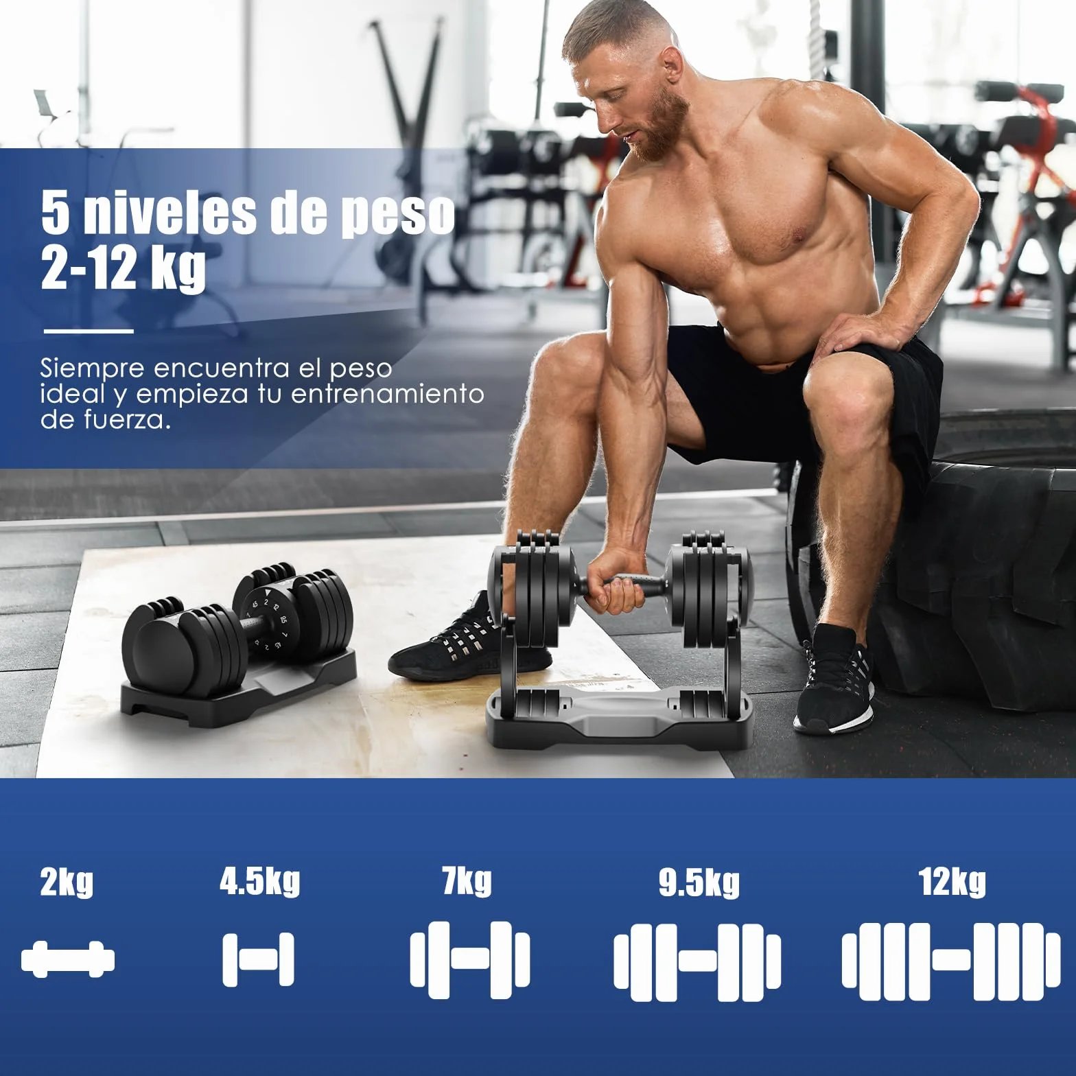 DH FitLife Mancuernas Ajustables 5 en 1, 2–12 kg con 5 Niveles de Peso, Discos Variables, Set de 2 Unidades