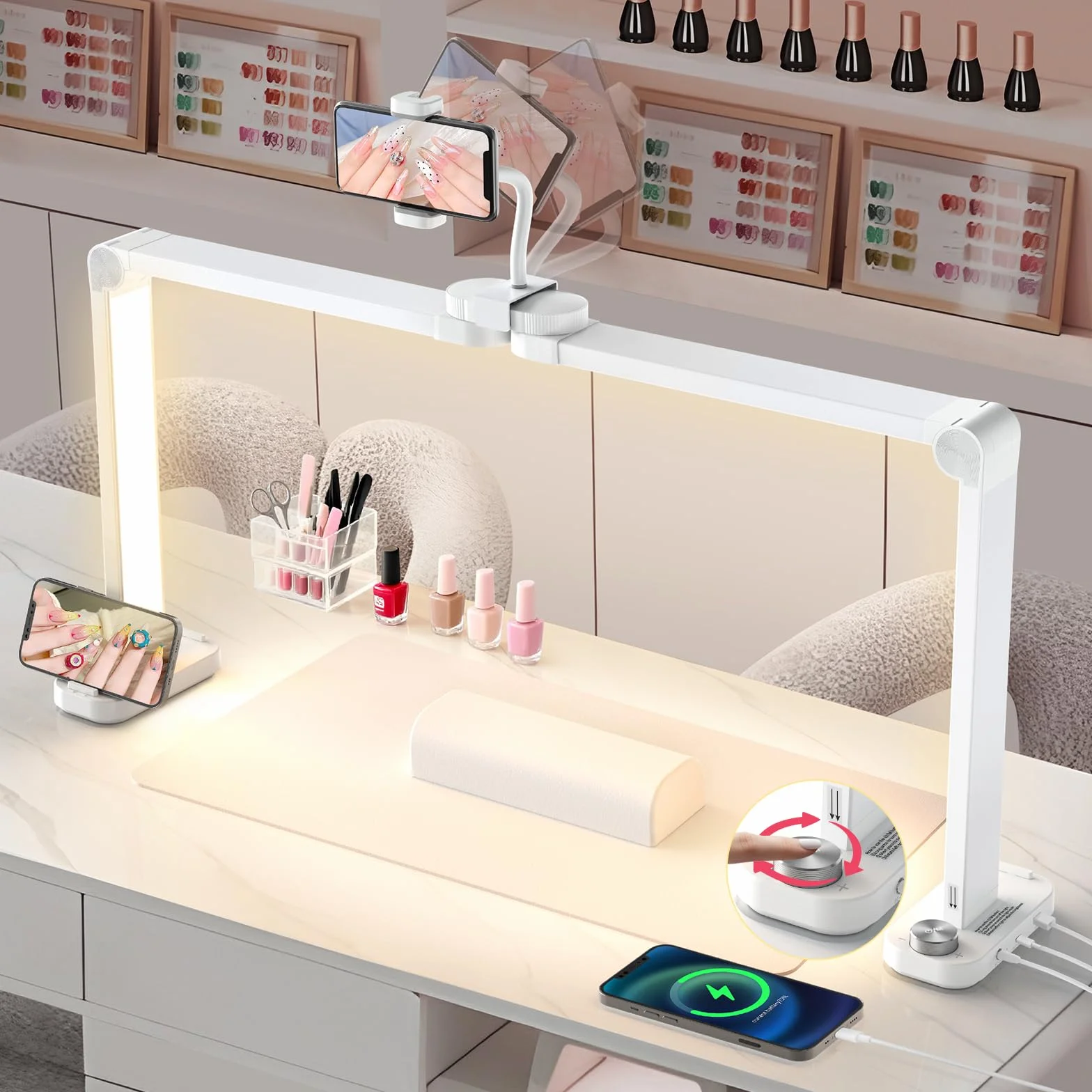 Media Luna Lámpara para Uñas 34" con Soporte 3 Modos de Color 10 Niveles de Brillo Ajustables Blanco