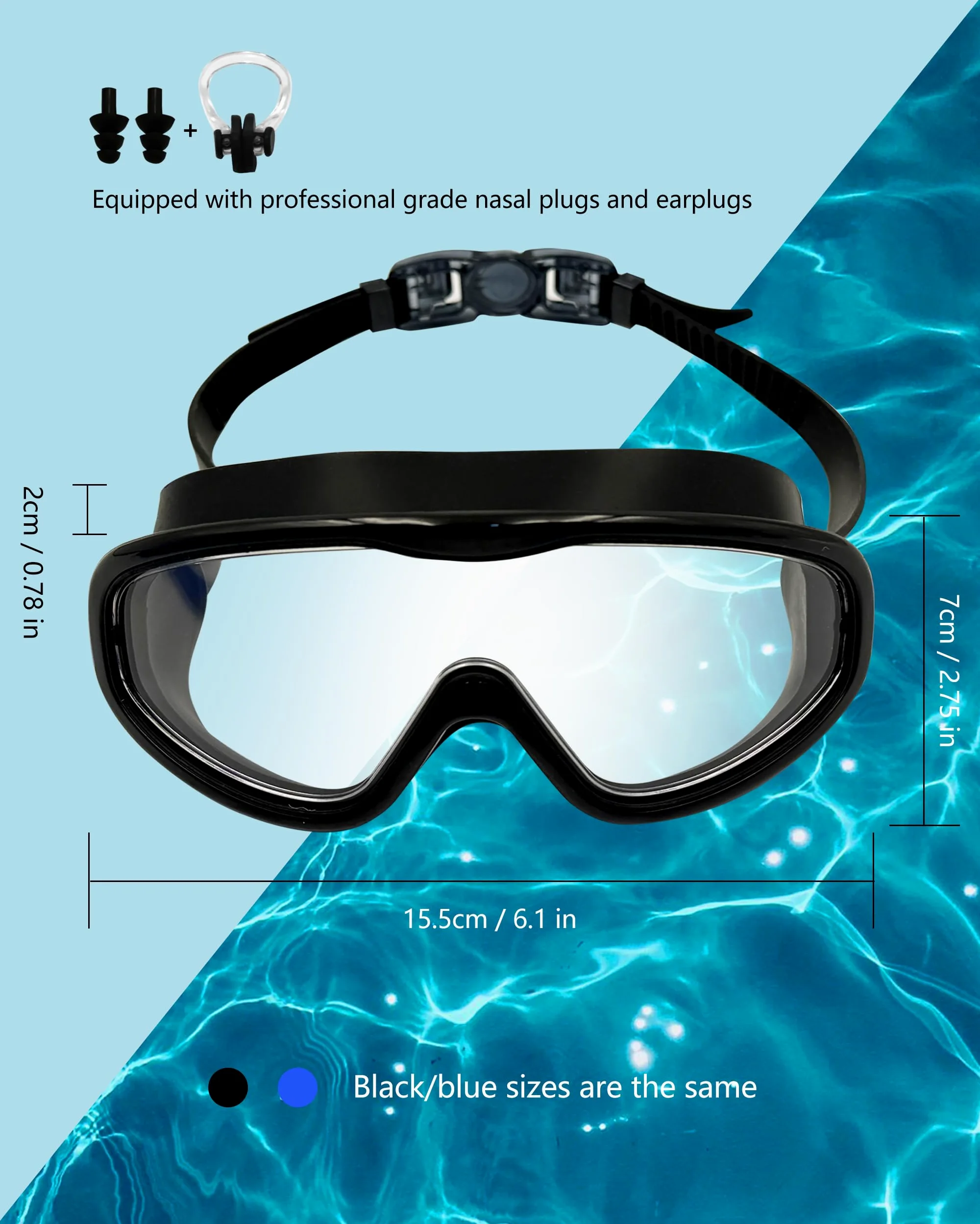 Gafas de natación con revestimiento antivaho, protección UV, paquete de 2 con tapones para los oídos, negro y azul