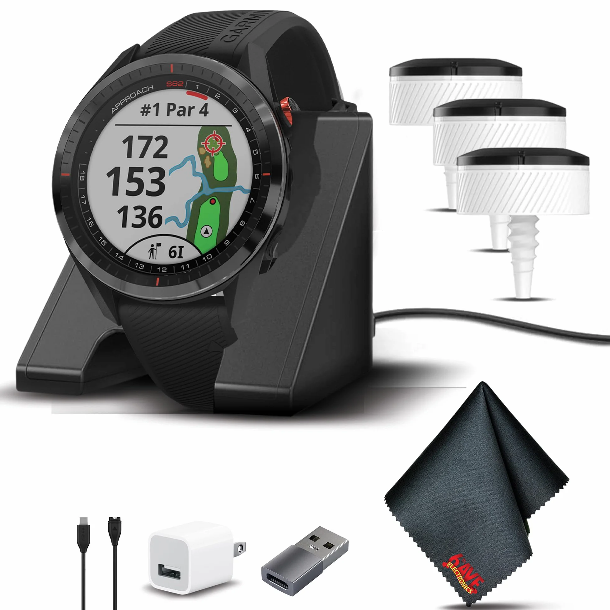 Garmin Reloj de golf Approach S62, reloj inteligente GPS premium, paquete de caja virtual integrado con sistema de seguimiento automático de palos CT10 de enfoque 3X + adaptador de carga USB + soporte
