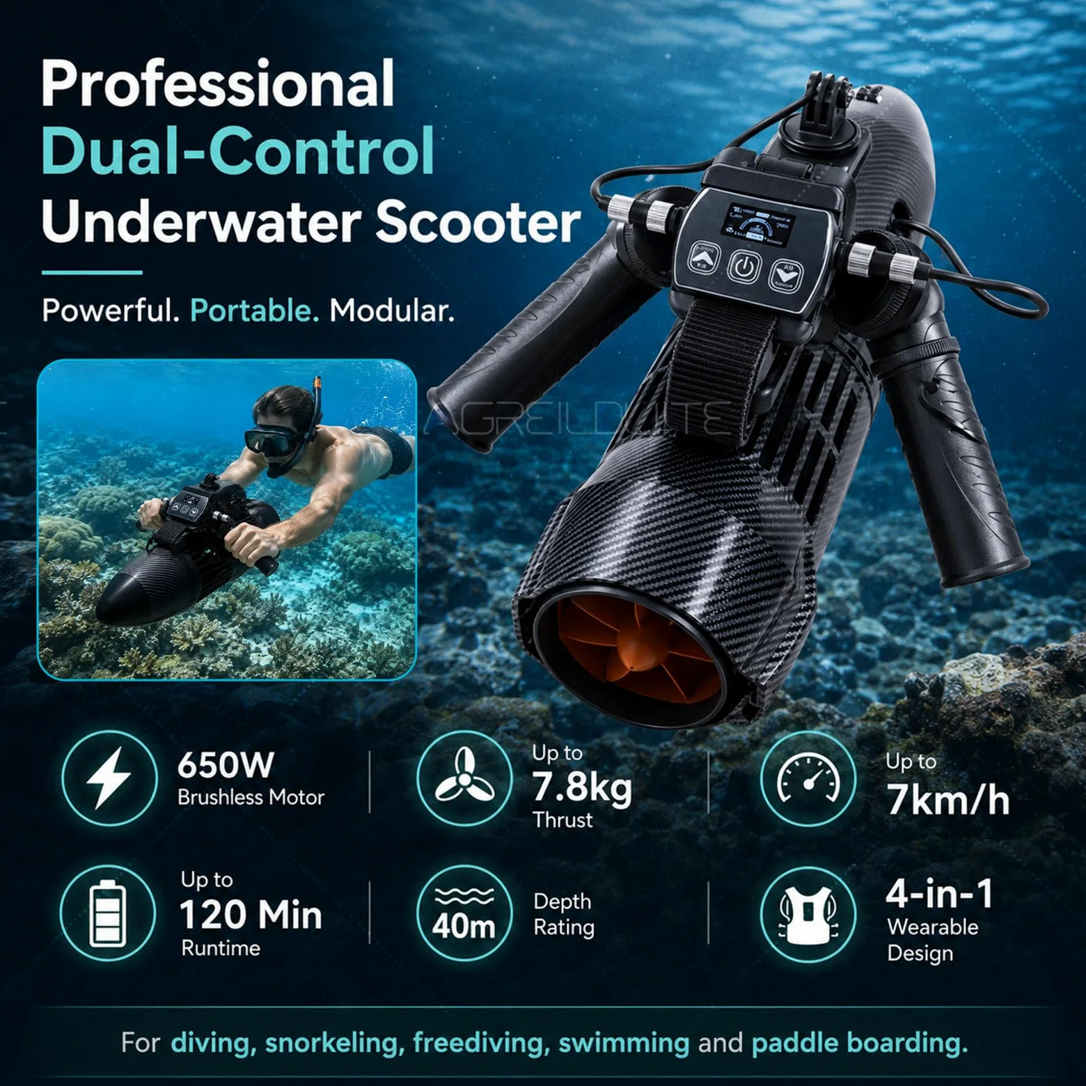 Scooter Subacuático/Propulsor Submarino | Doble Batería De 4400 Mah, hasta 120 Minutos De Autonomía, Velocidad Máx. De 7 Km/H | Compatible con Aletas Eléctricas para Sup