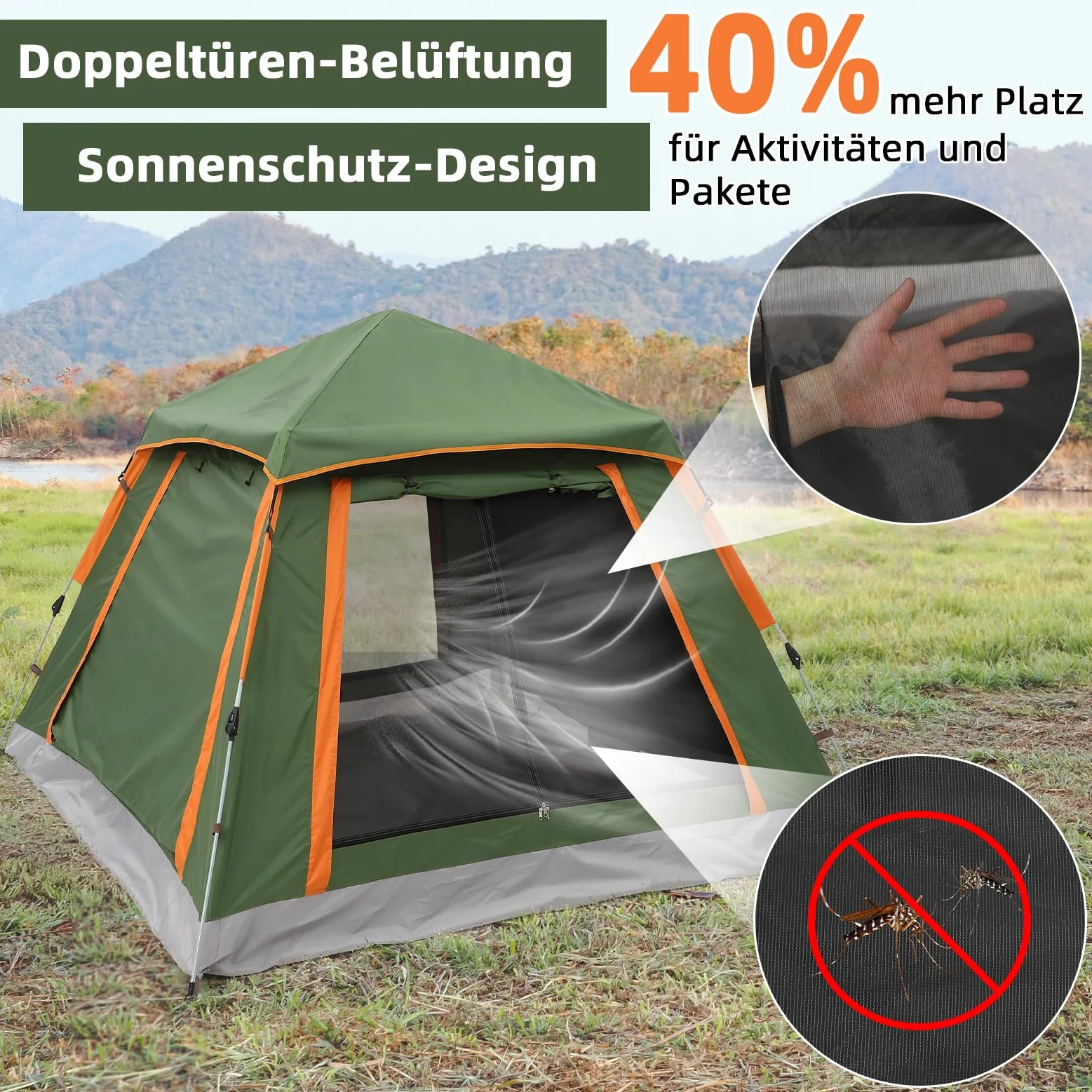 HAUSPROFI tienda de campaña pop up para 2 a 3 personas, toldo para ventana, tienda impermeable automática, doble ventilación, protección contra mosquitos, 2 capas