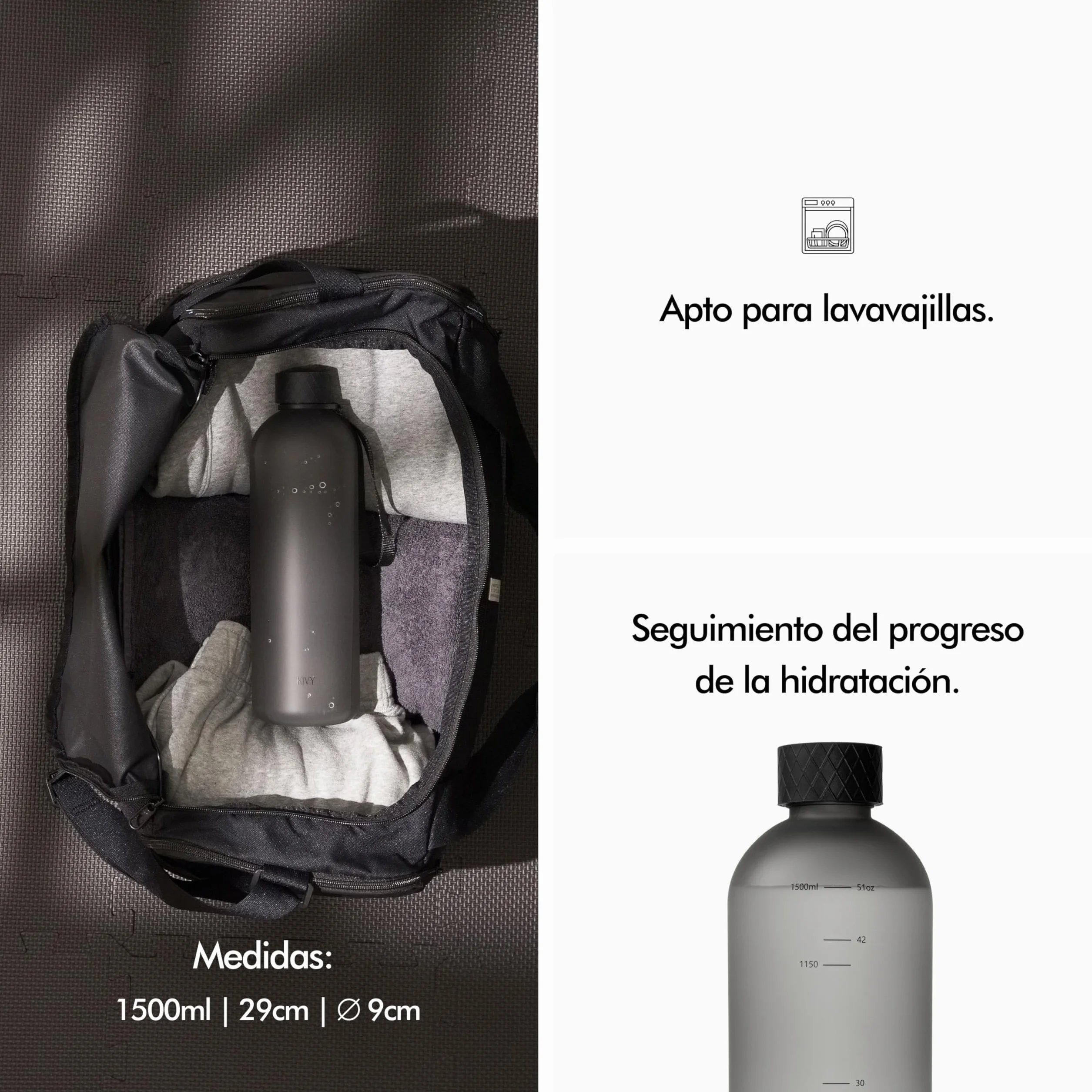 KIVY Botella de Agua Tritan 1,5 L - Estanca & Apto para Lavavajillas - Para Deporte, Gimnasio, Escuela y Oficina - Botella Deporte - Garrafa de Agua para Gym - Botellas Agua 1,5 L -Sin BPA
