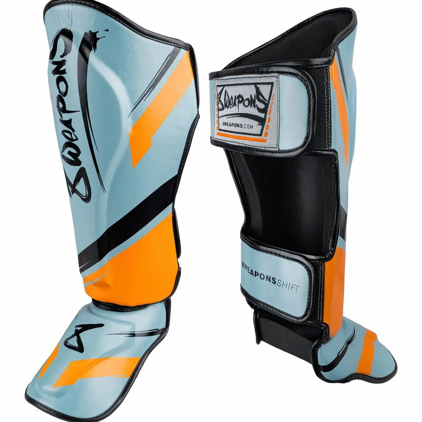 8 WEAPONS Espinilleras Shift, color gris hielo naranja, entrenamiento y competición, piel sintética de alta calidad y amortiguación perfecta, Muay Thai, K1, MMA, karate y kickboxing