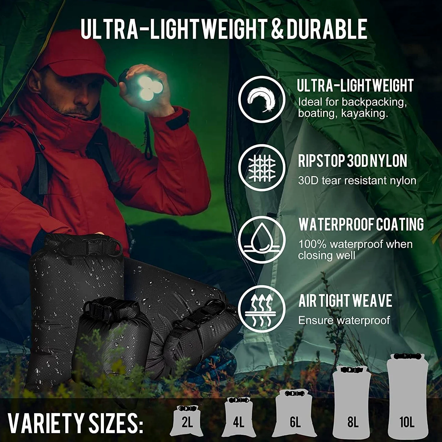 Pack de 6 Bolsas Impermeables para Kayaking, Boating, Bolsa Seca, Almacenamiento al Aire Libre para Canoeing, Camping, natación, Senderismo, Color Negro