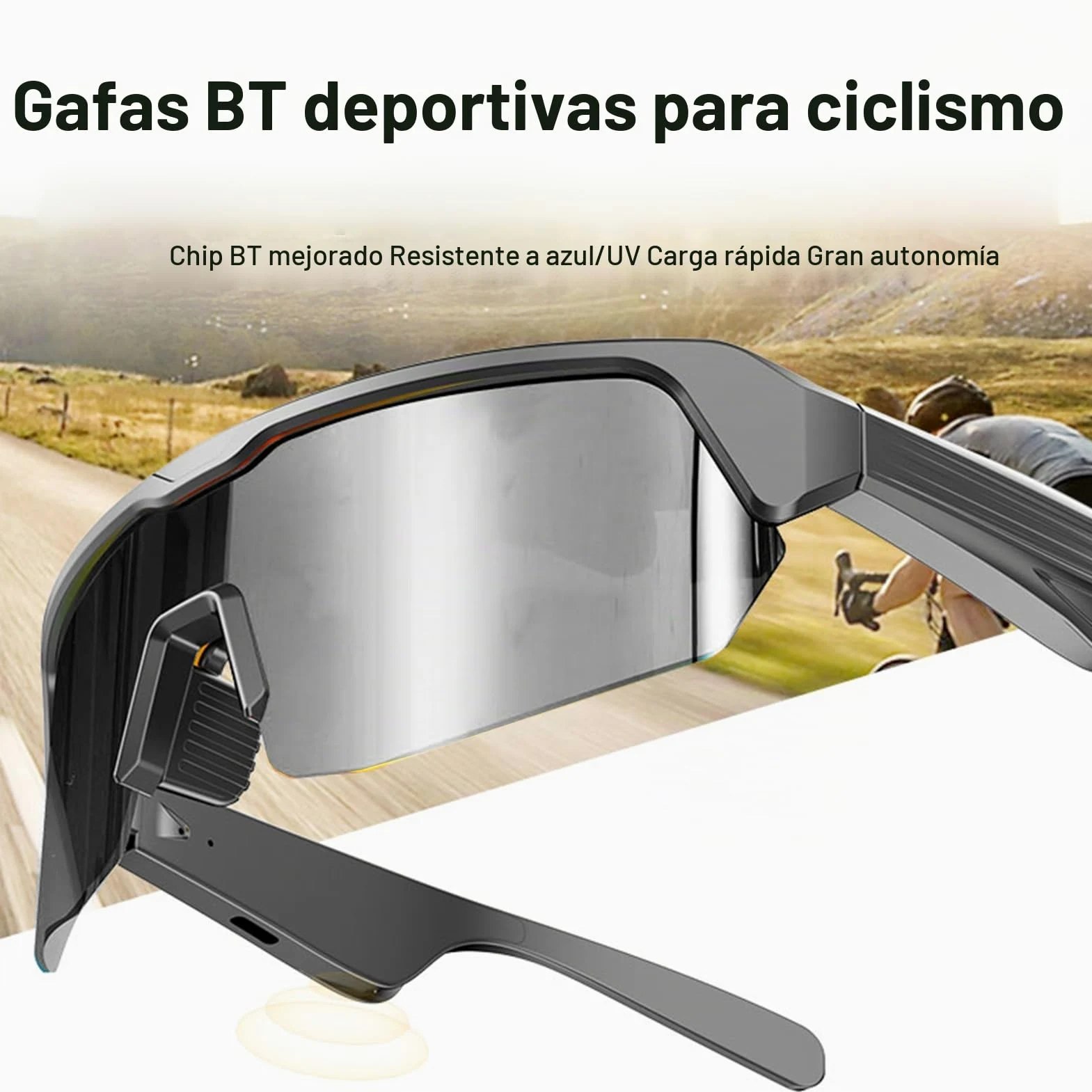 Tosuny Gafas de Sol de Deportes Inteligentes, Vasos de Audio Bluetooth con Protección UV400 y Lentes Anti-Impactos, Altavoz y Micrófono de Oído Abierto, Asistente de Voz, para Deportes (Silver)